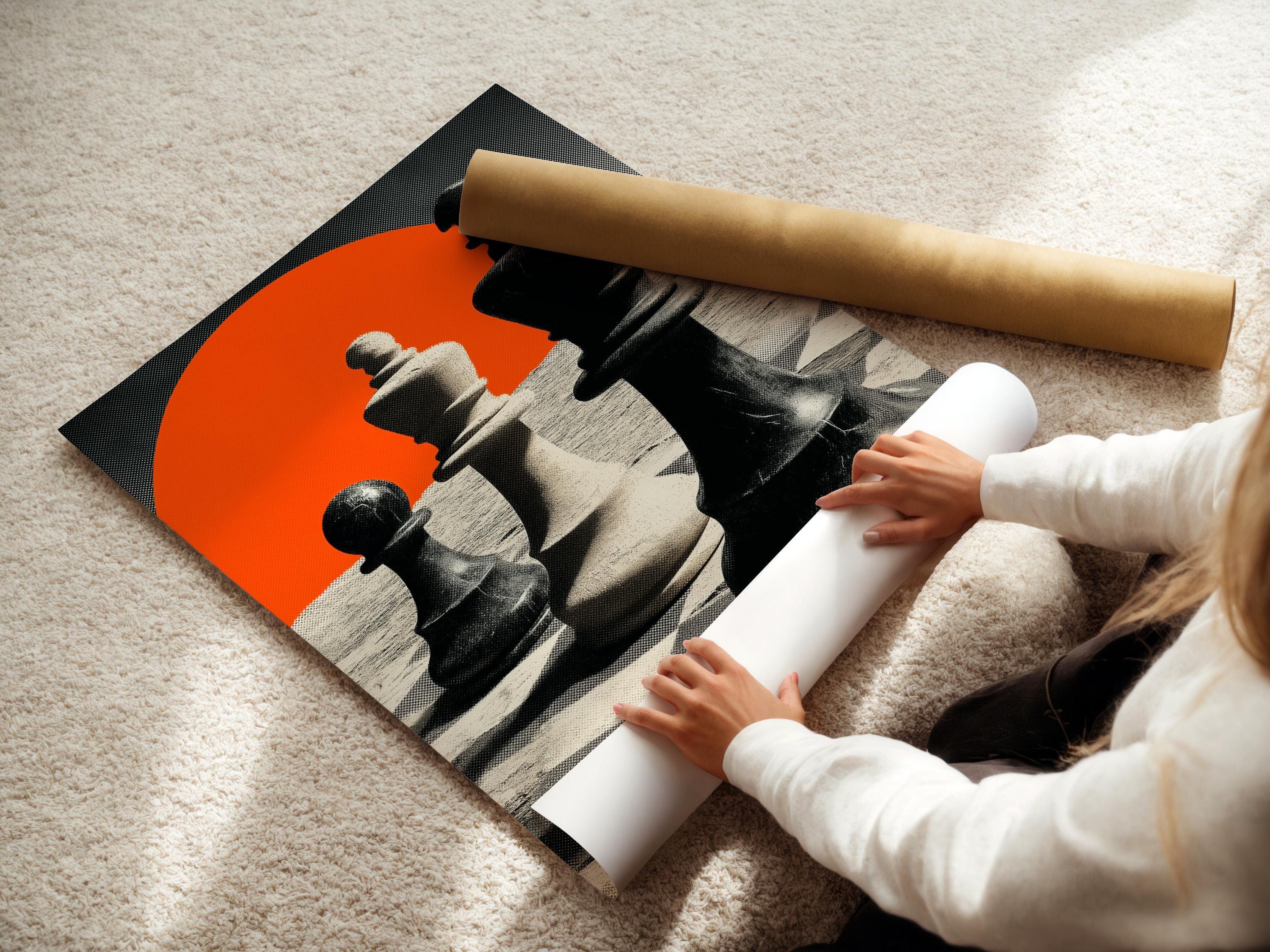 High-contrast chess pieces with an orange sun and monochrome sandy landscape background detail view