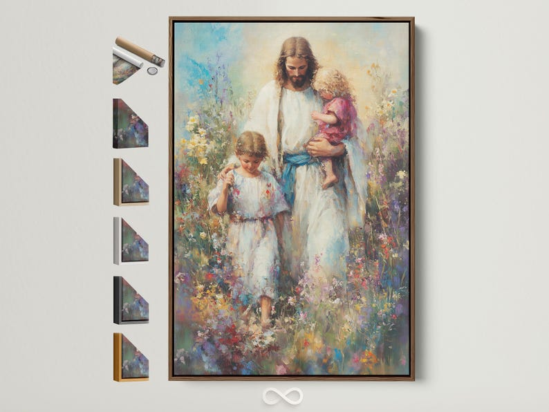Painterly religious scene of a bearded adult holding a child in a colourful flower meadow