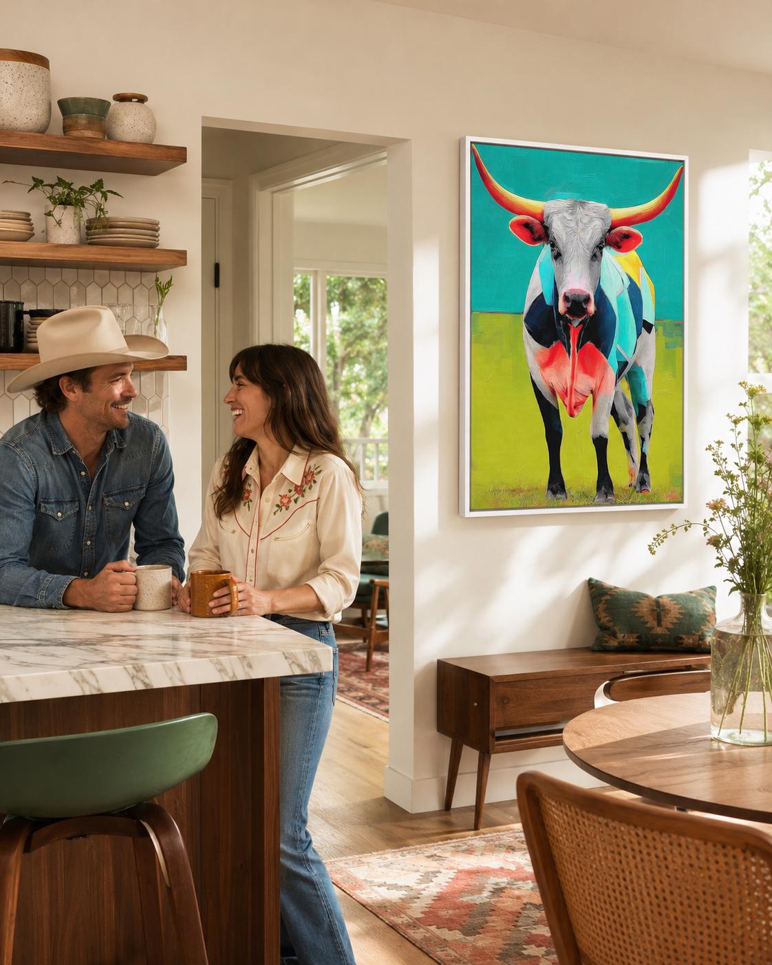 Room mockup with a framed longhorn steer artwork on a wall above a green upholstered sofa and dining table