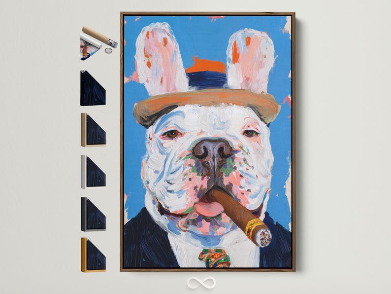 Painterly bulldog portrait with a cigar against a bright blue background