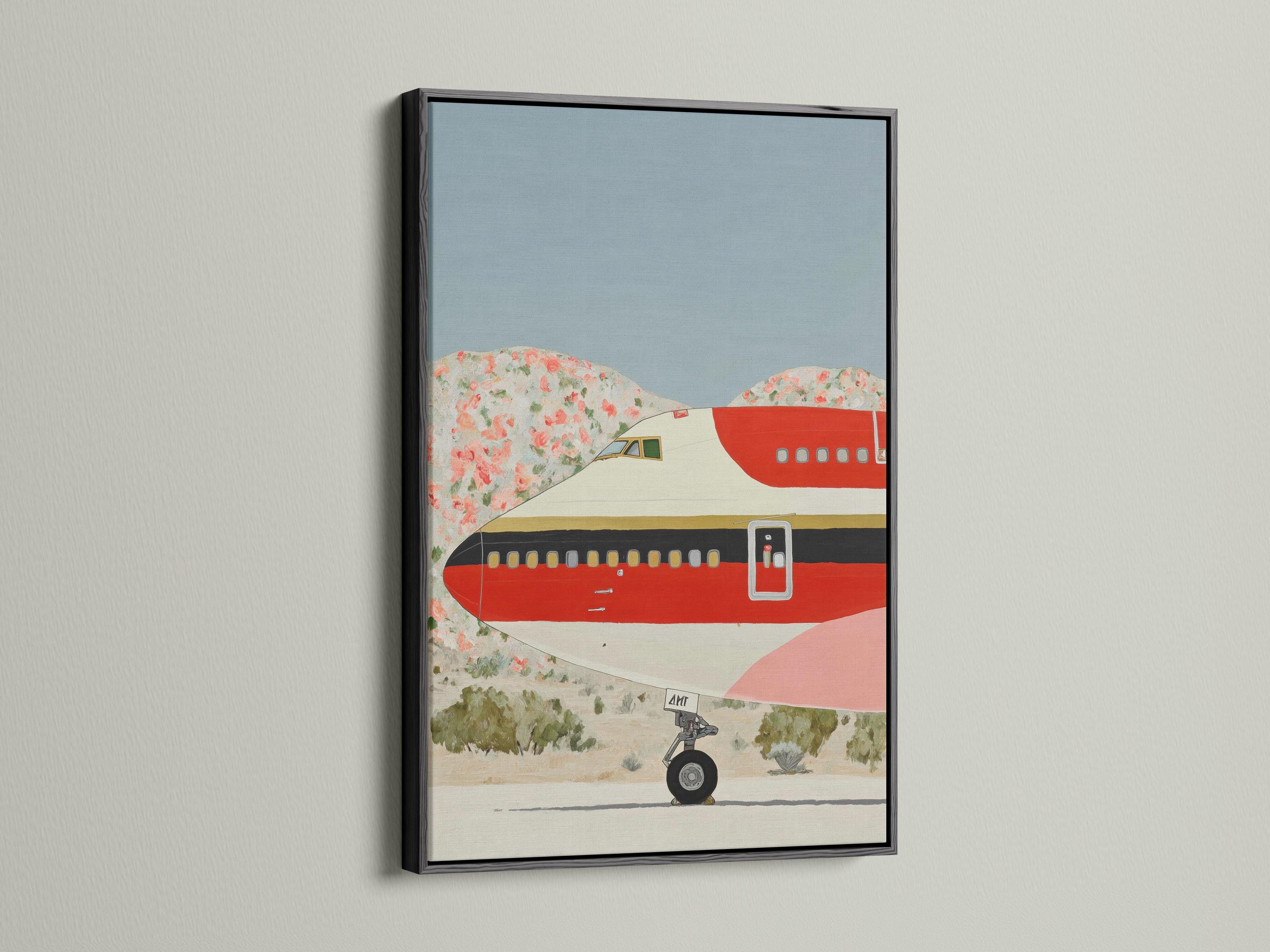 Red retro airplane illustration over a pastel landscape with floral details detail view