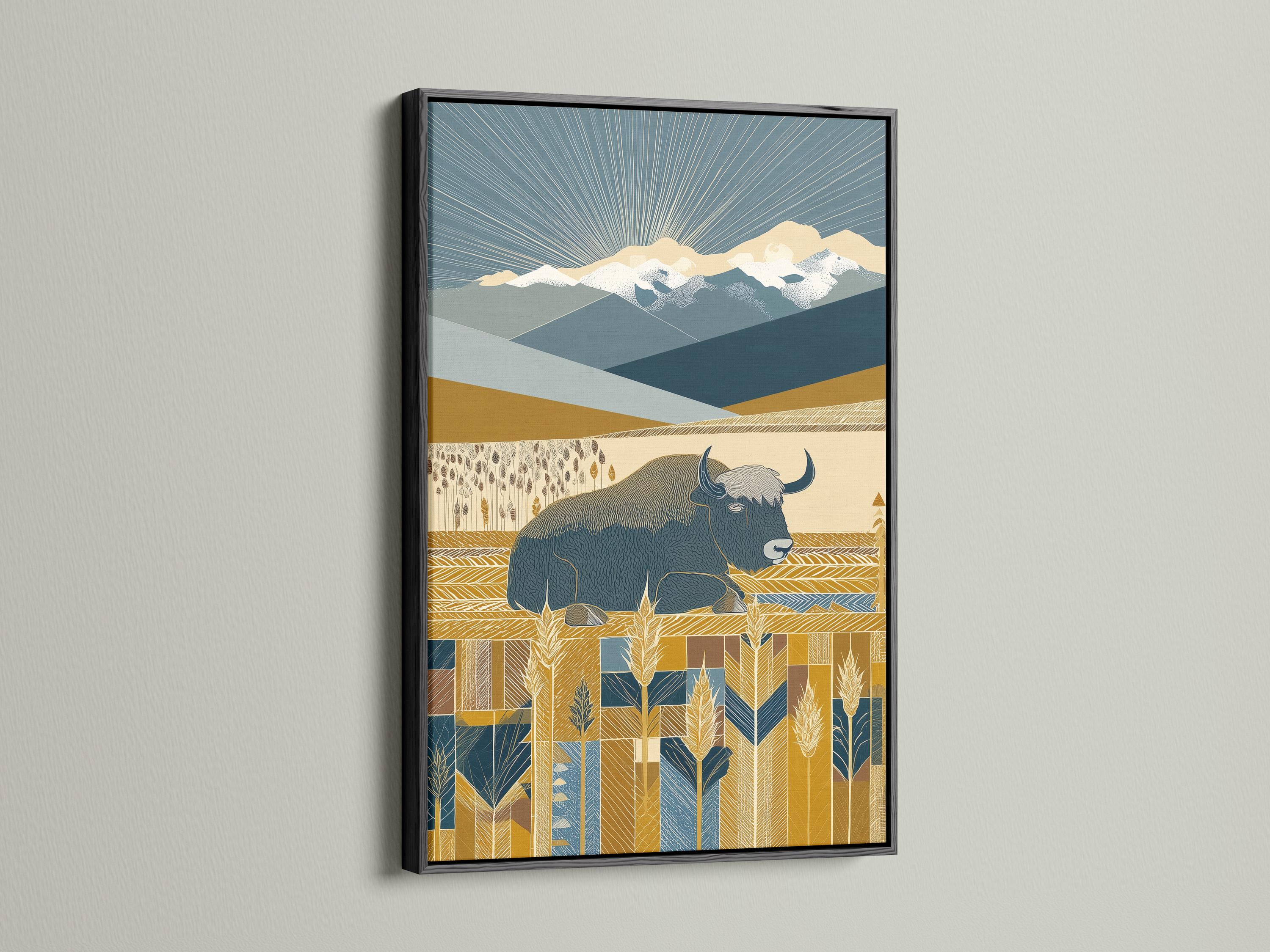 Stylised yak in ochre and navy blue mountain landscape with radiating line rays and wheat-like plants detail view