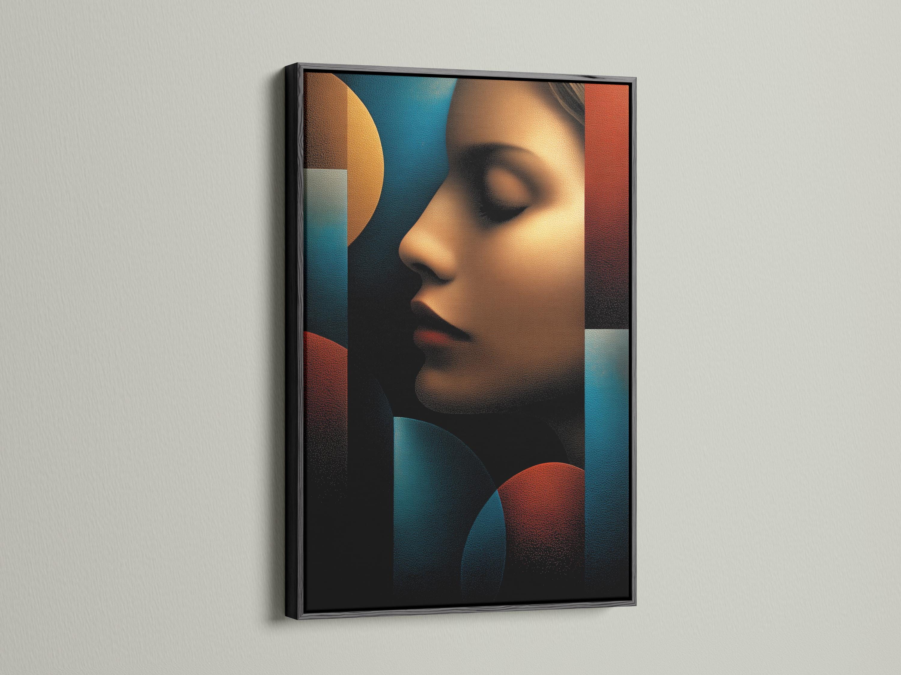 Abstract woman portrait profile in teal, bronze and burnt red-orange with textured shading detail view