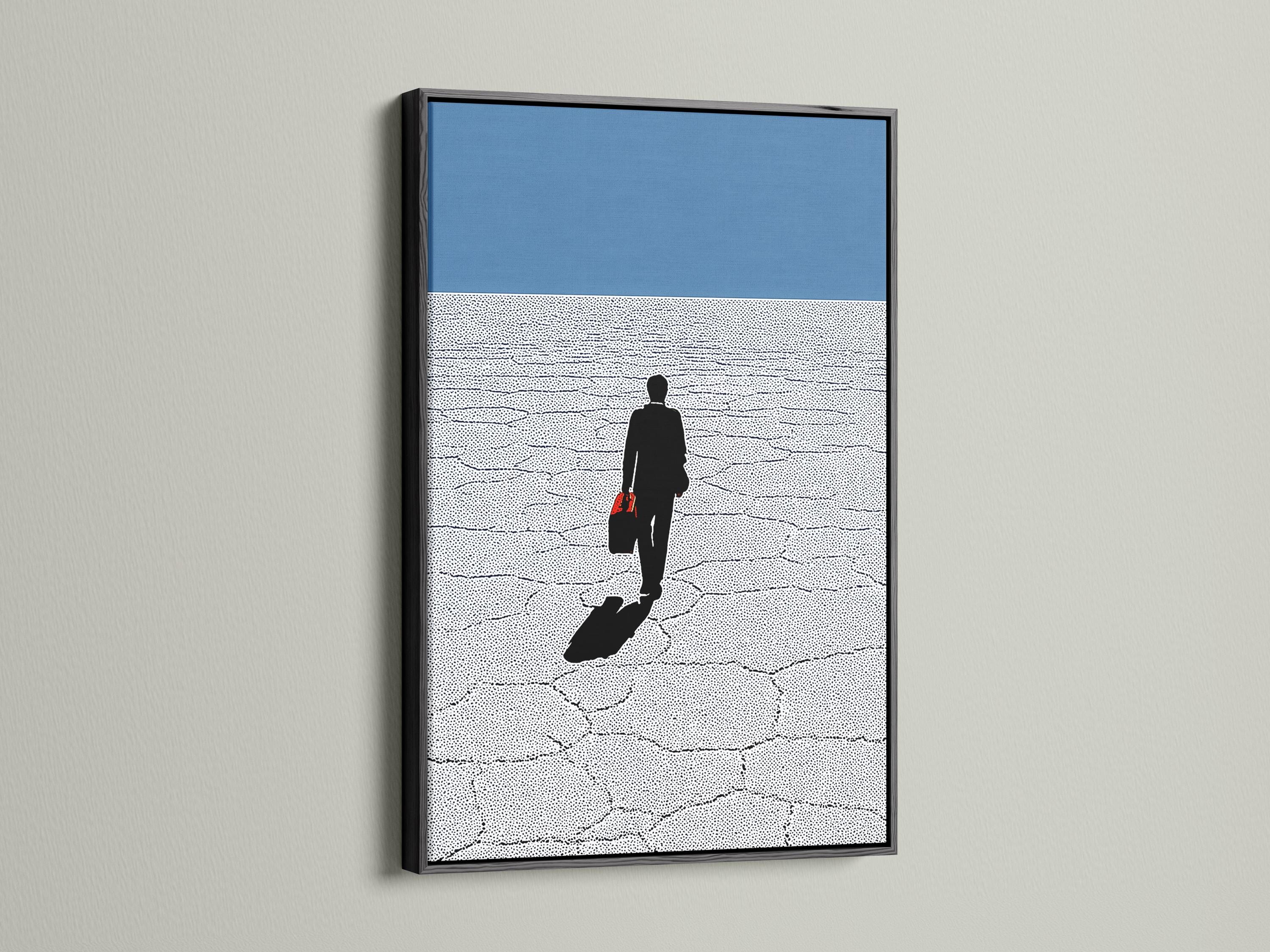 Man silhouette in a suit walking across a blue and white dotted background with a red bag accent detail view