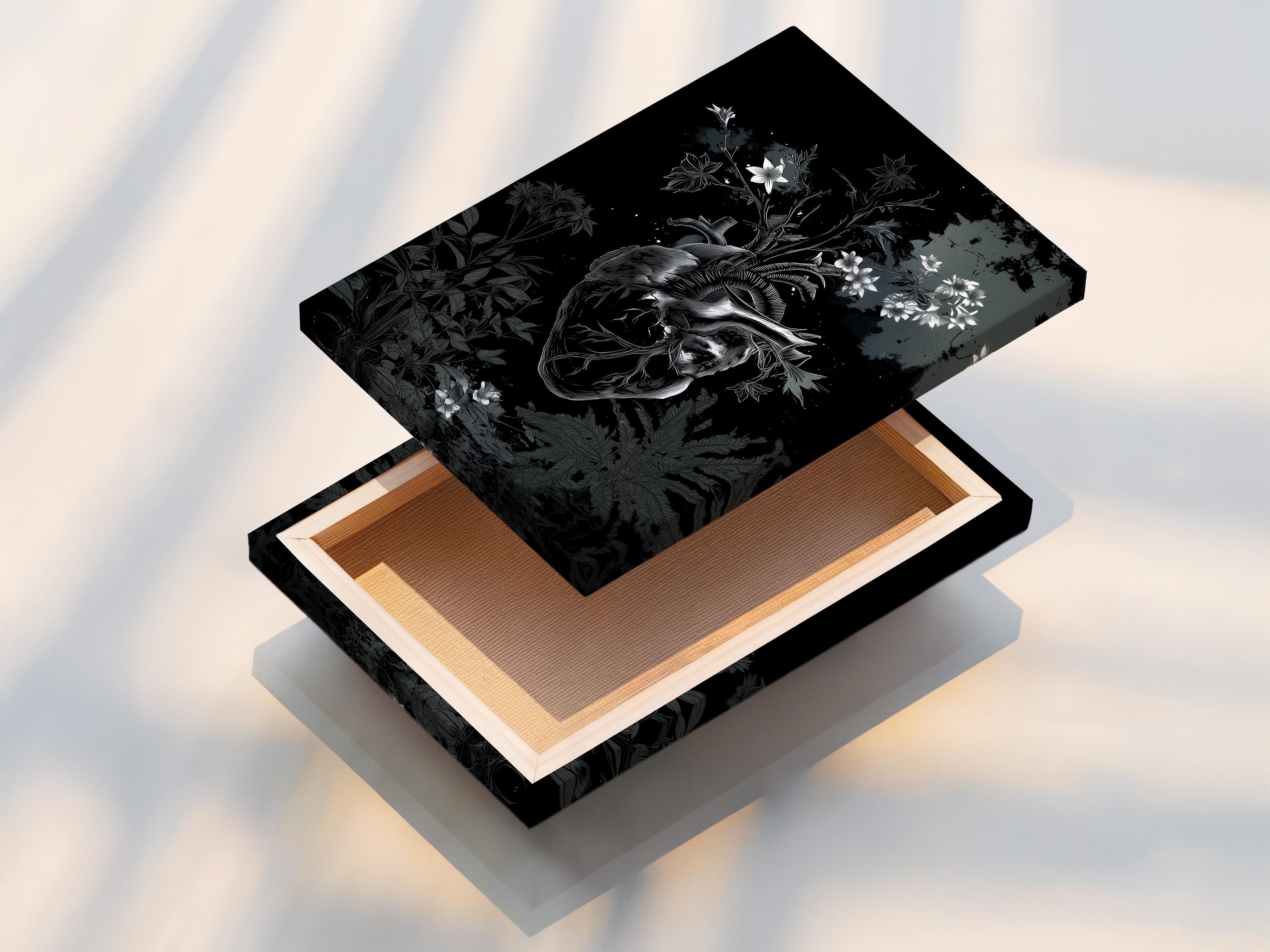 Room mockup showing a framed monochrome botanical heart artwork on a wall