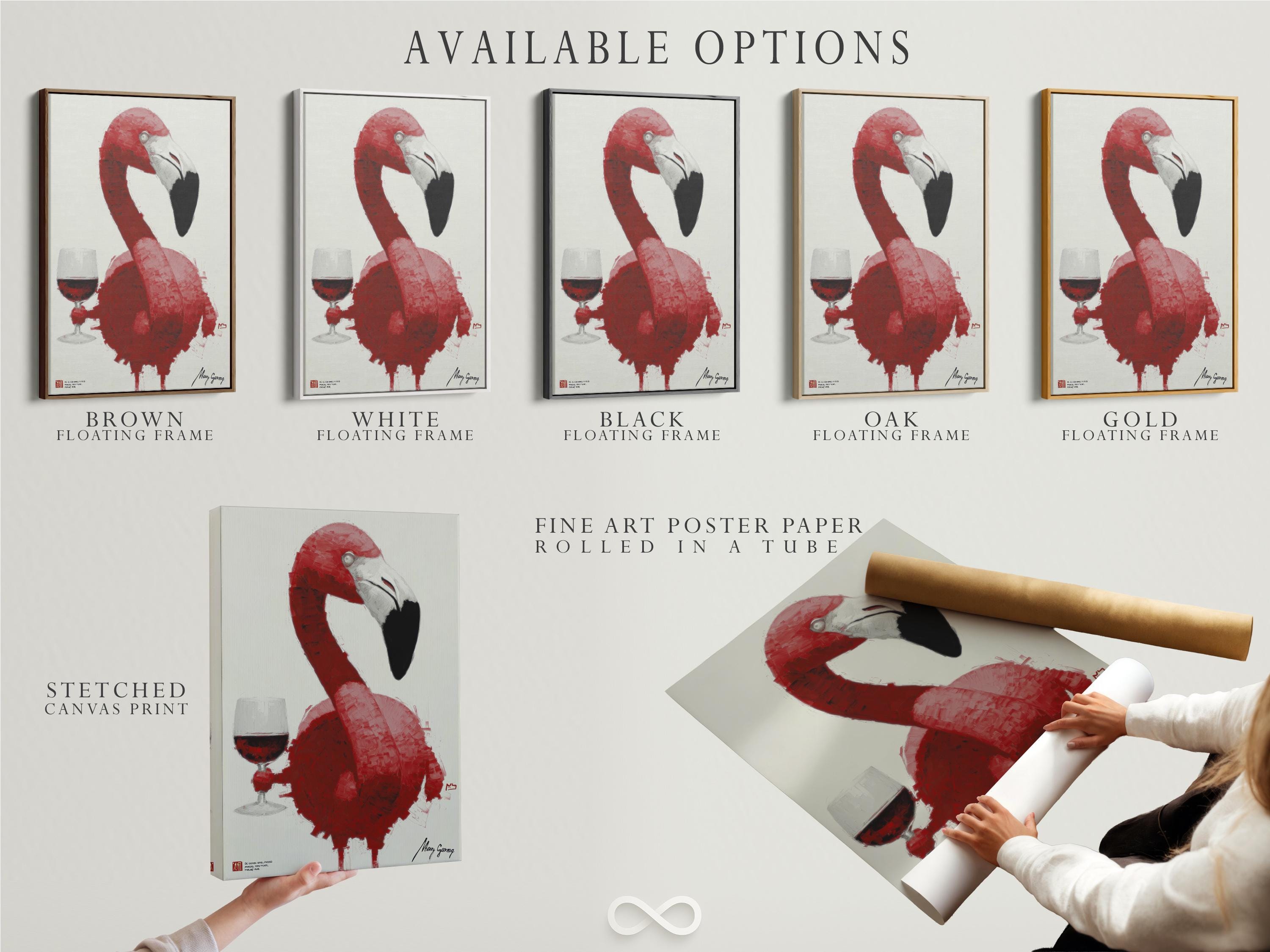 Framed artwork mockup of a pink flamingo with a wine glass