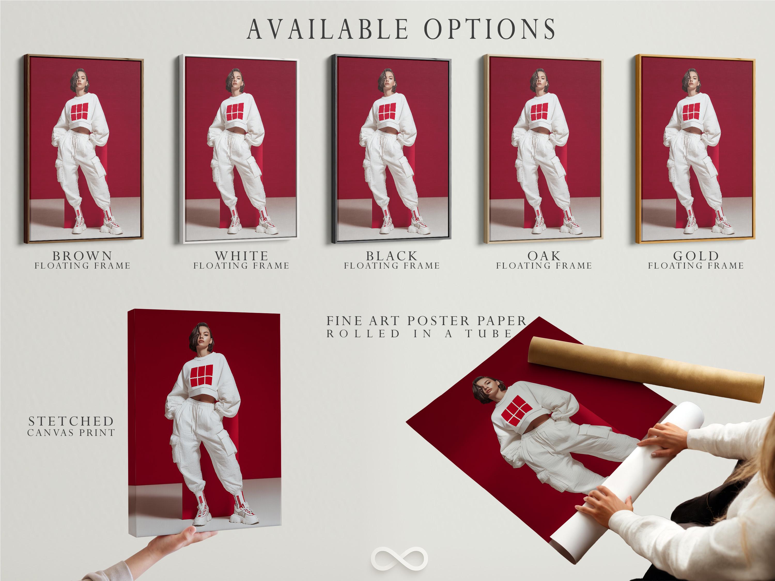 Stylised fashion portrait of a woman in white streetwear with a grid logo on a deep red background detail view