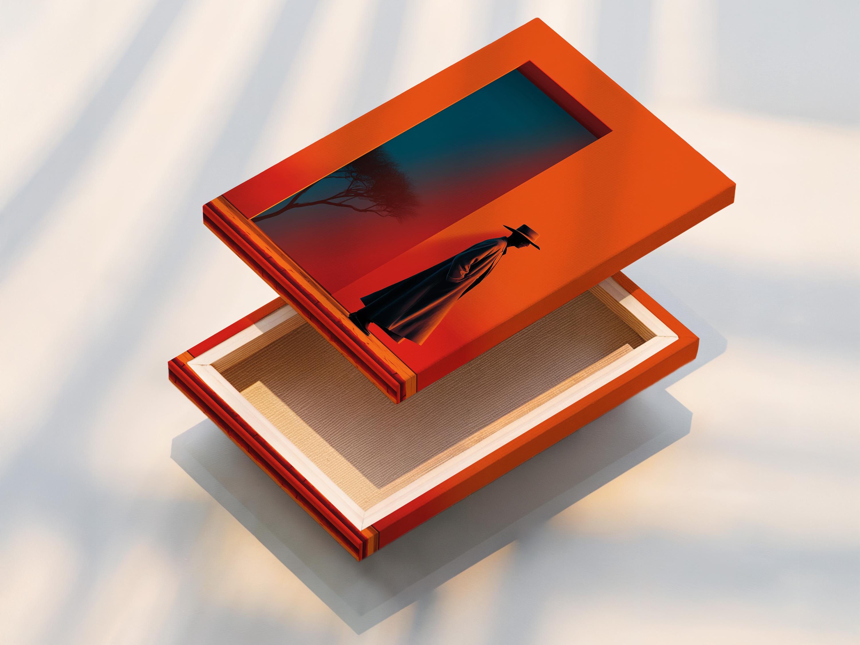 A western cowboy silhouette in a dark hat and long coat stands against a vivid orange sky, with a blue interior panel and desert-like ground below