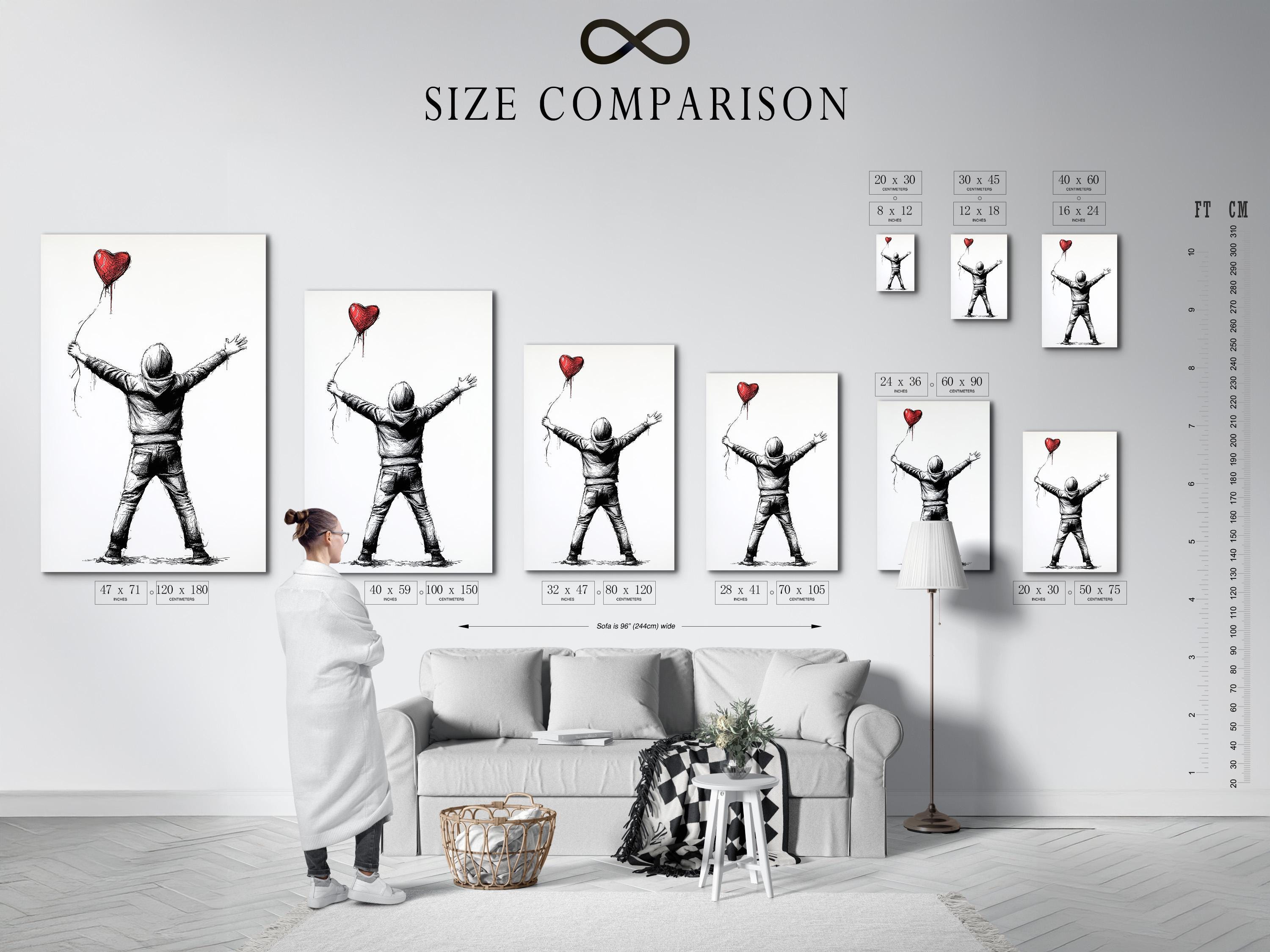Framed wall art mockup showing a boy holding a red heart-shaped balloon