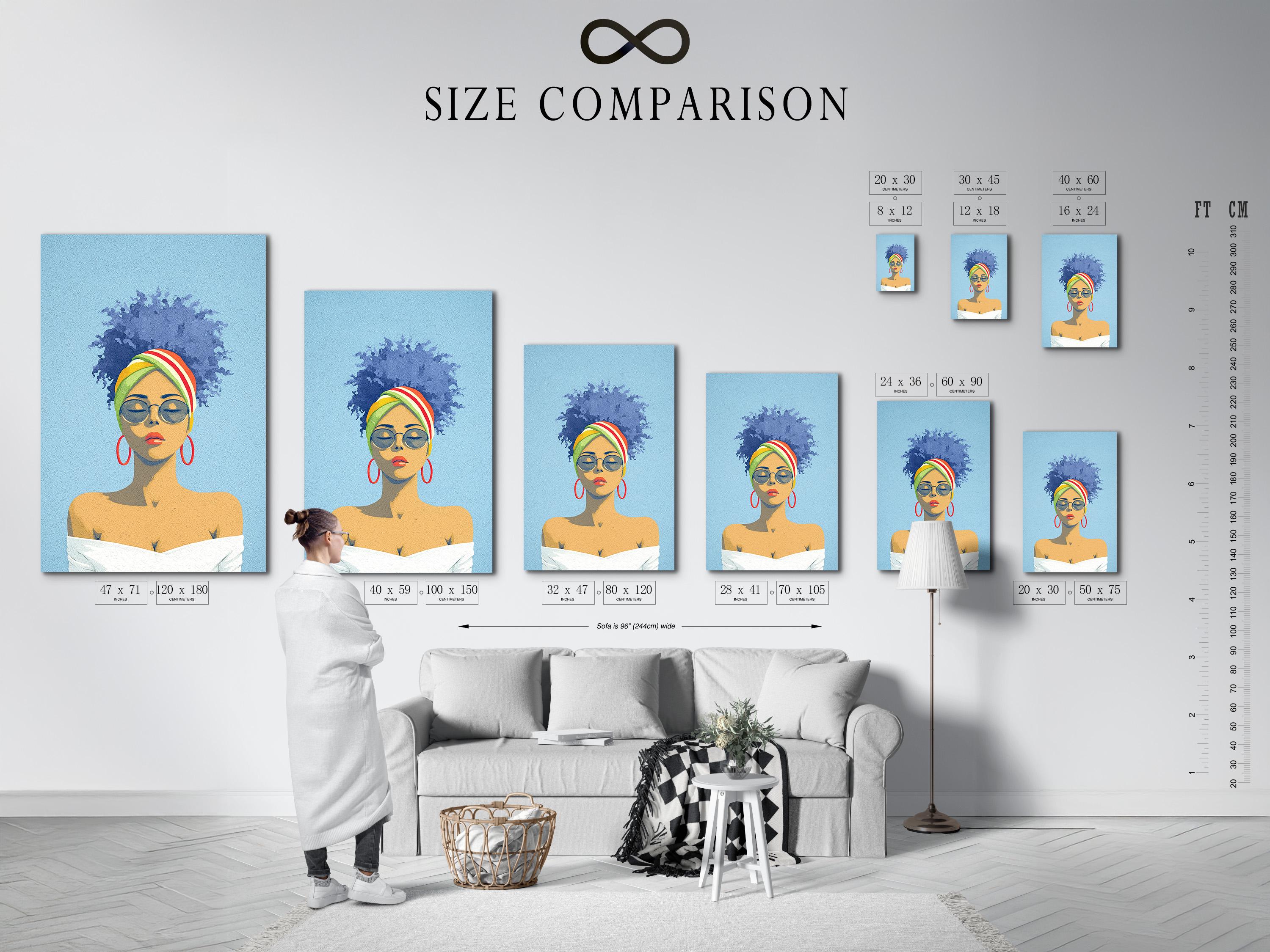 Stylised portrait of a woman with glasses and a rainbow headwrap on a textured blue background detail view