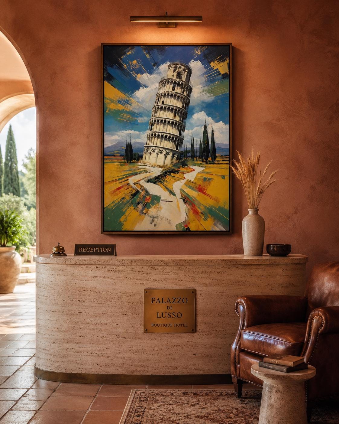Man standing by a framed Leaning Tower of Pisa painting in an office-like room
