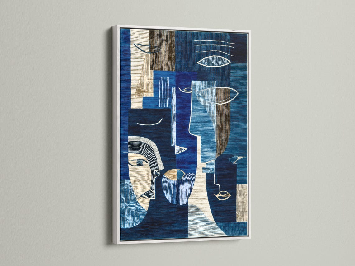 Indigo abstract faces artwork with navy, cream and gold geometric line patterns detail view