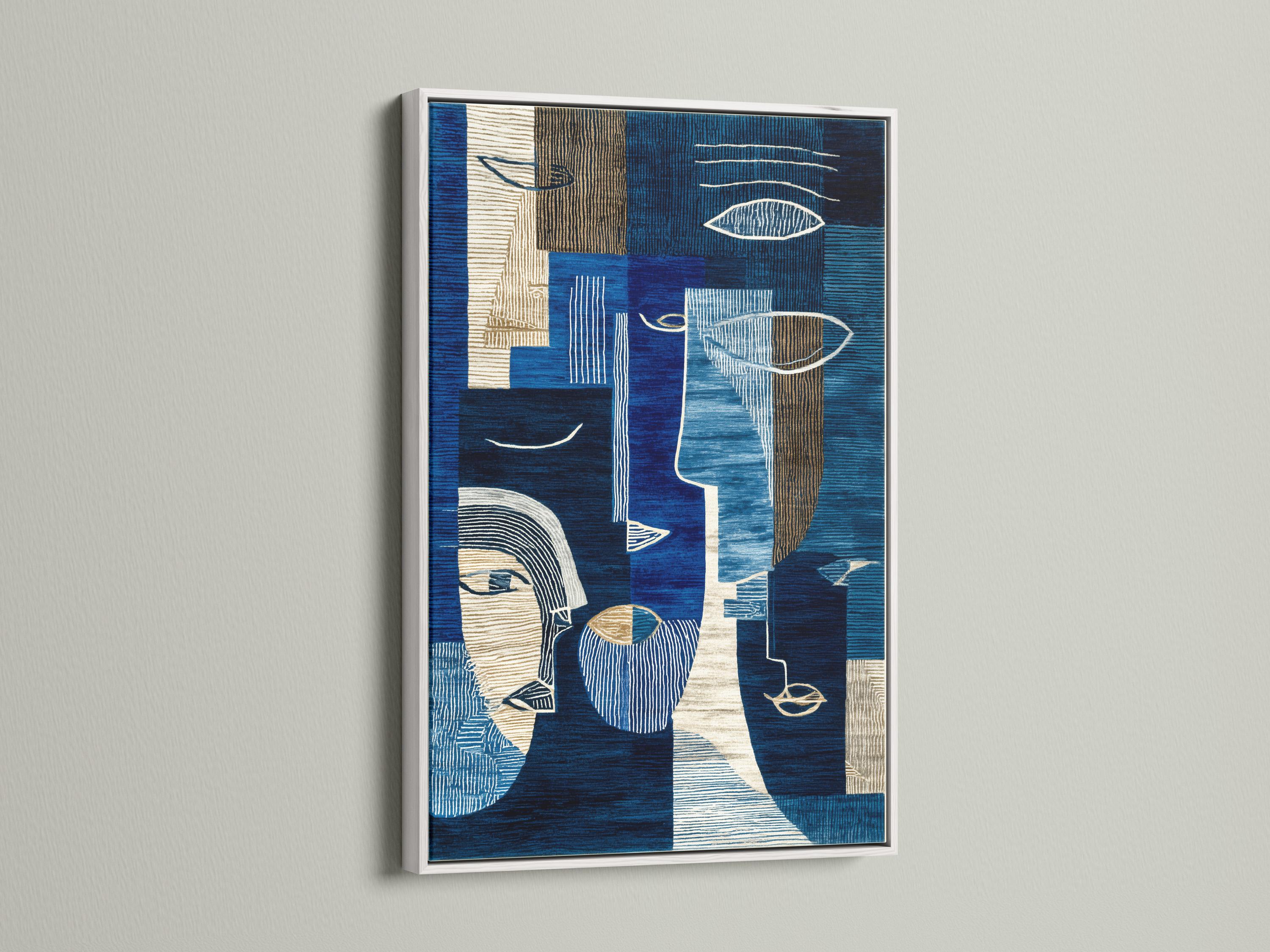 Indigo abstract faces artwork with navy, cream and gold geometric line patterns detail view
