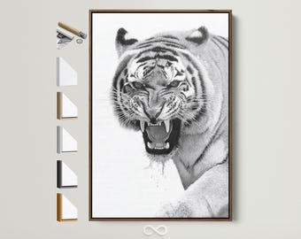 Monochrome Tiger Canvas Art - Black and White Feline Portrait, Wild Animal Wall Decor for Living Room, Gift for Wildlife Enthusiast