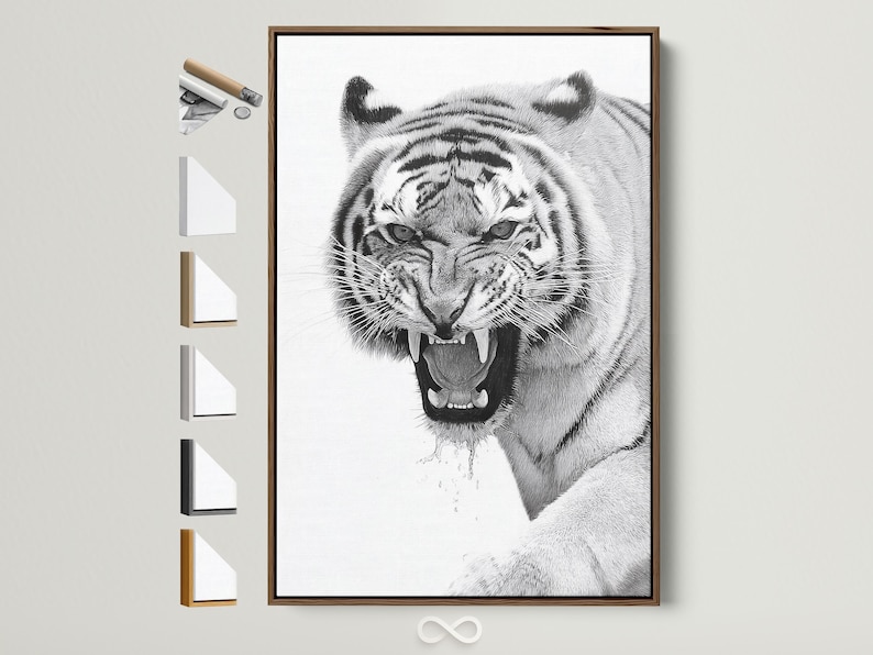 Monochrome tiger portrait illustration with a roaring open mouth