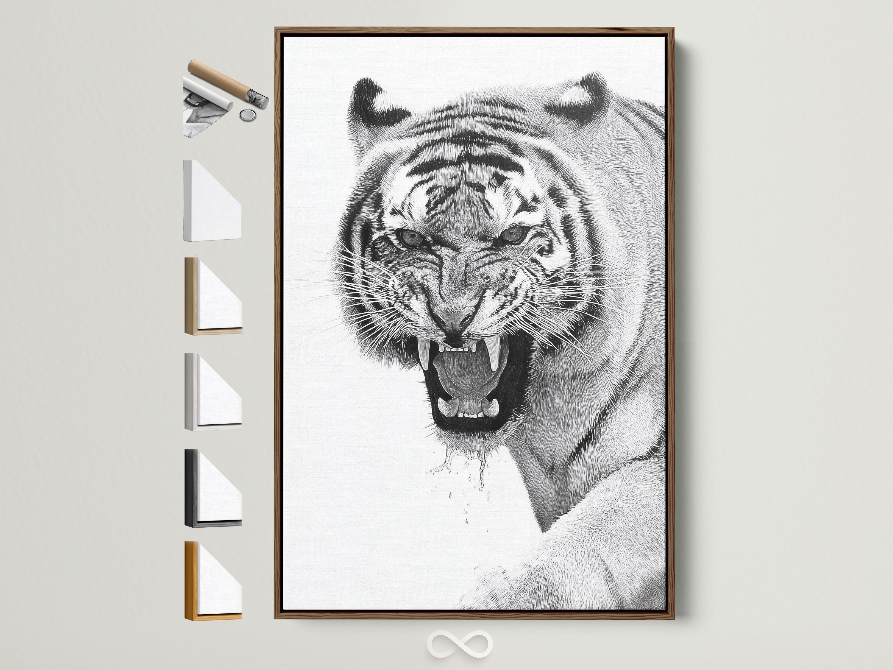 Monochrome tiger portrait illustration with a roaring open mouth