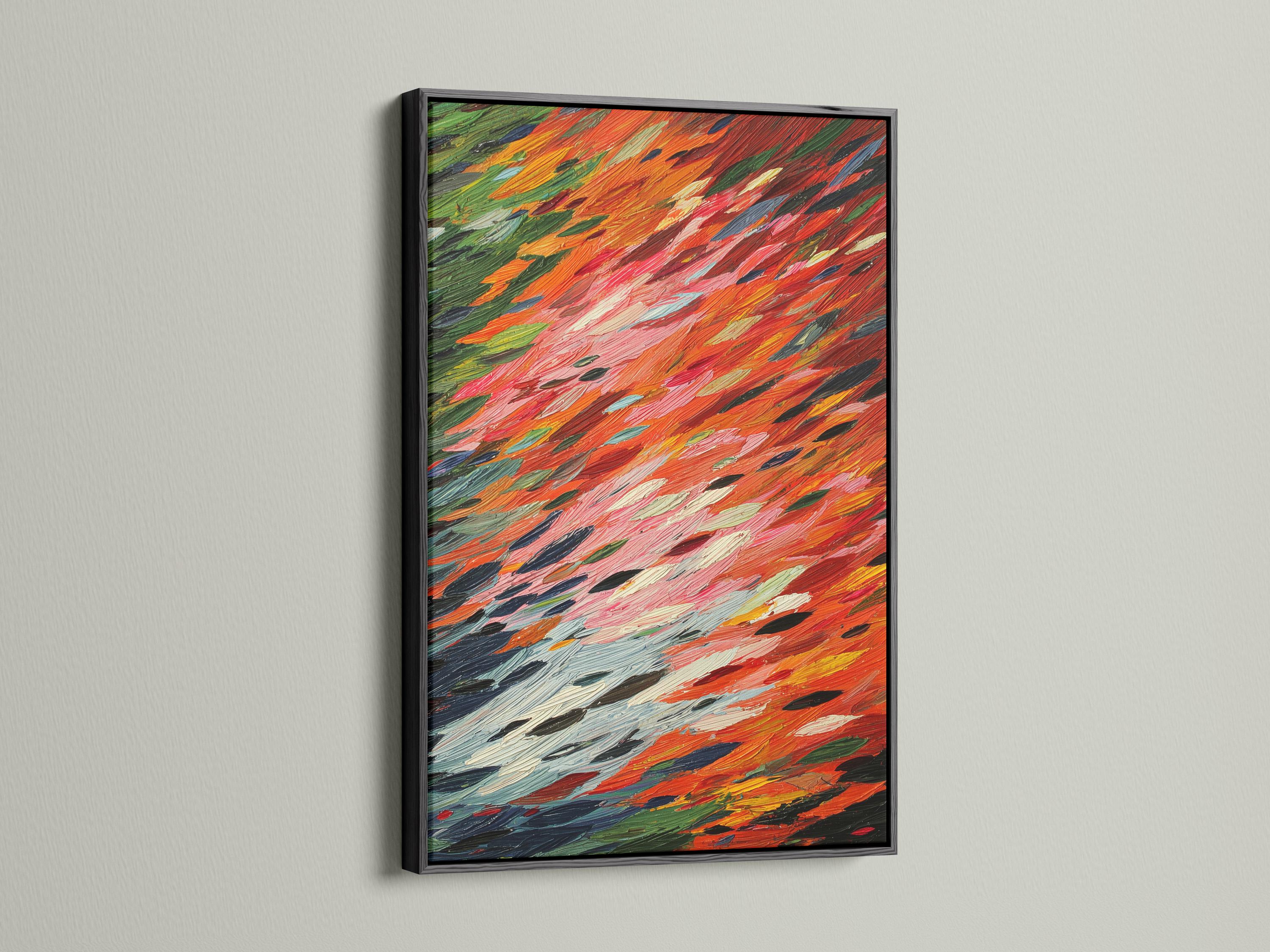 Abstract painting with orange-red, pink, green and dark navy brushstrokes in diagonal layers detail view