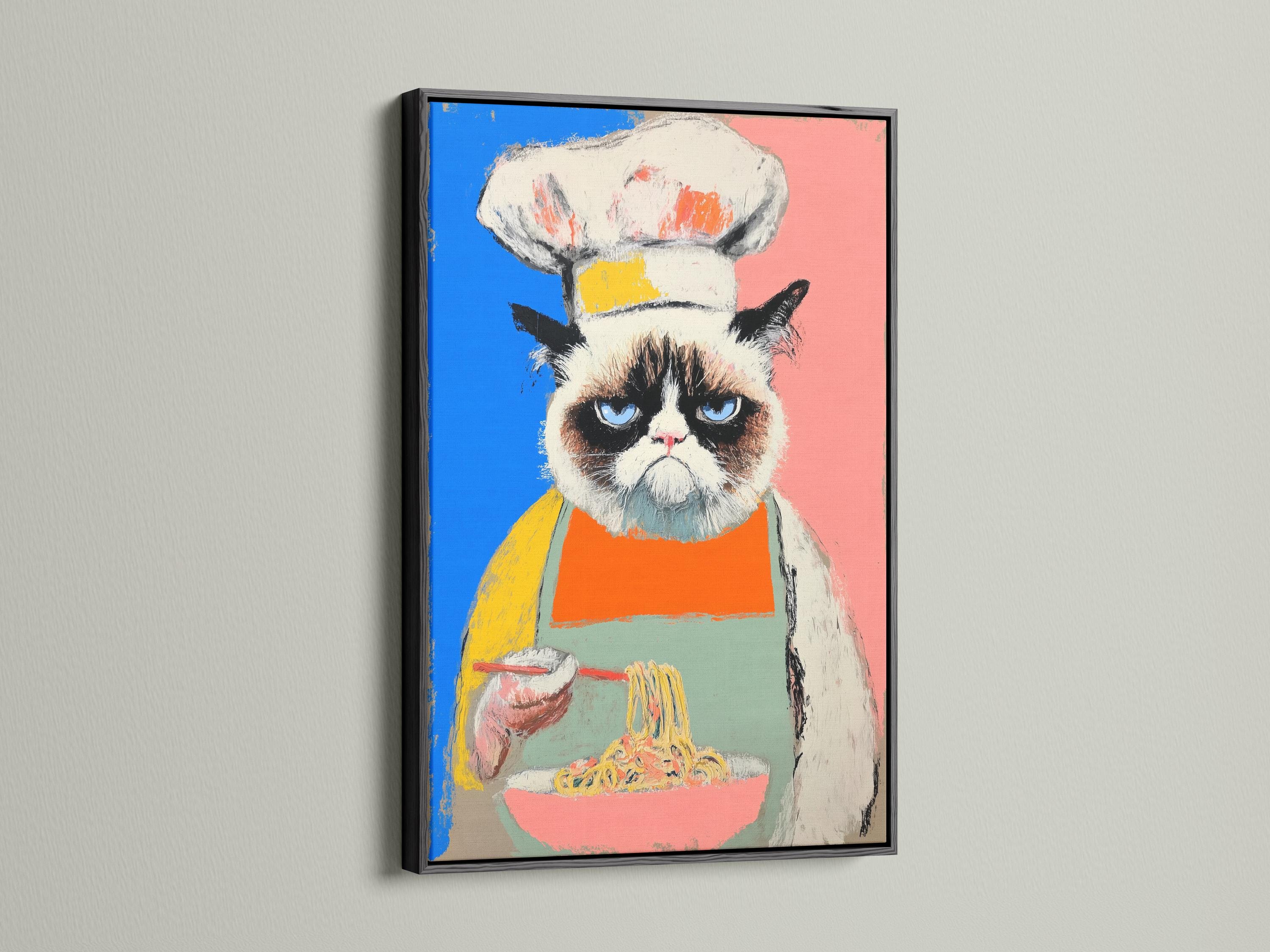 Grumpy cat chef pop art portrait with blue and pink background and a noodle bowl detail view