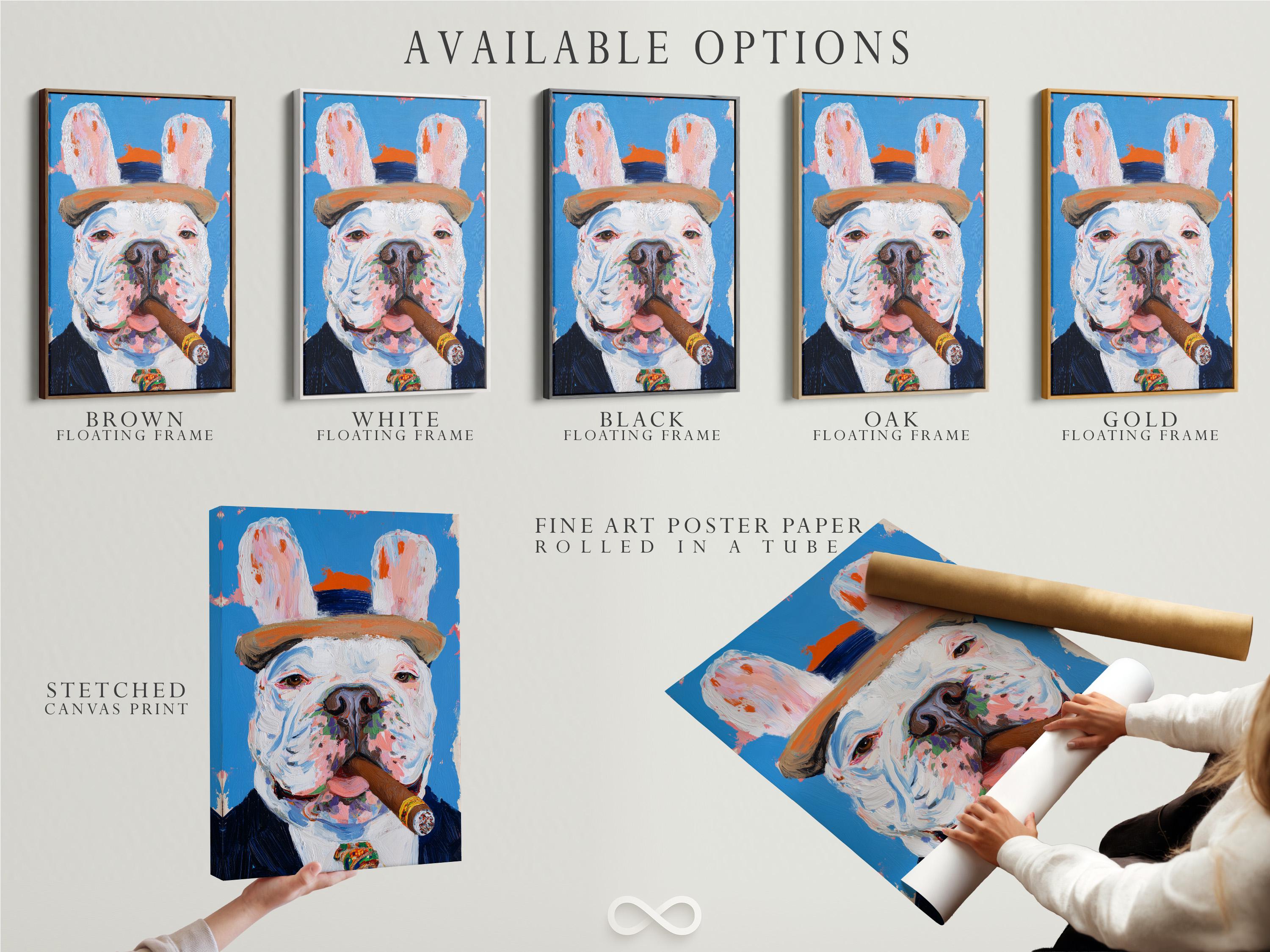 Painterly bulldog portrait with a cigar against a bright blue background detail view
