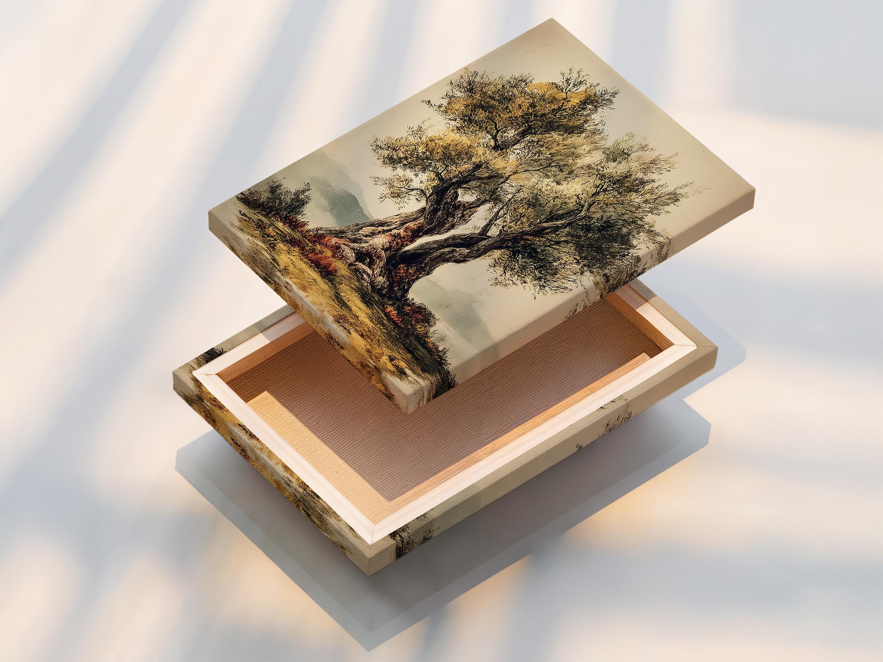 Vintage botanical tree illustration with a dark trunk, golden foliage and soft reflections detail view