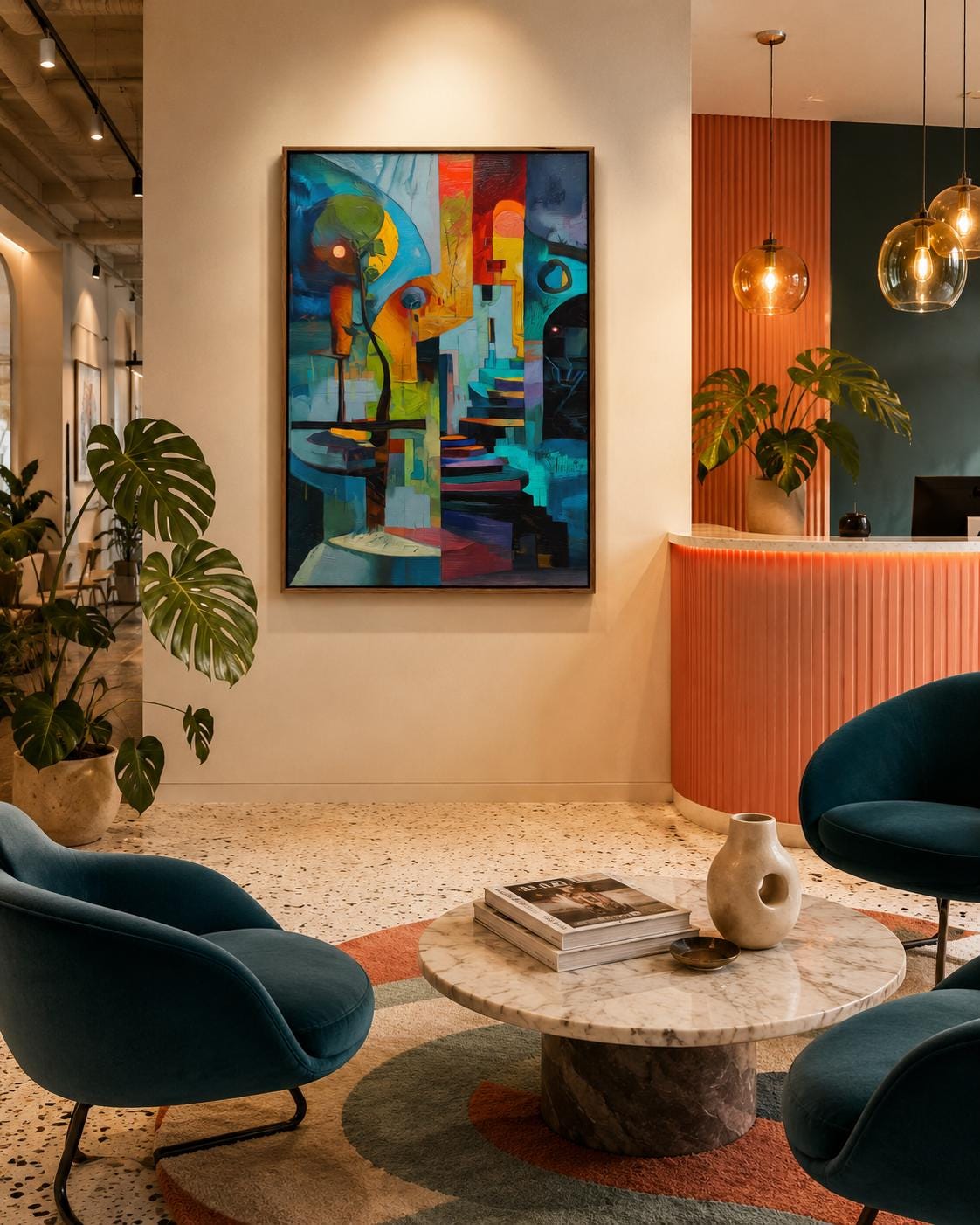 Person in yellow holding a cup standing beside a framed abstract geometric artwork