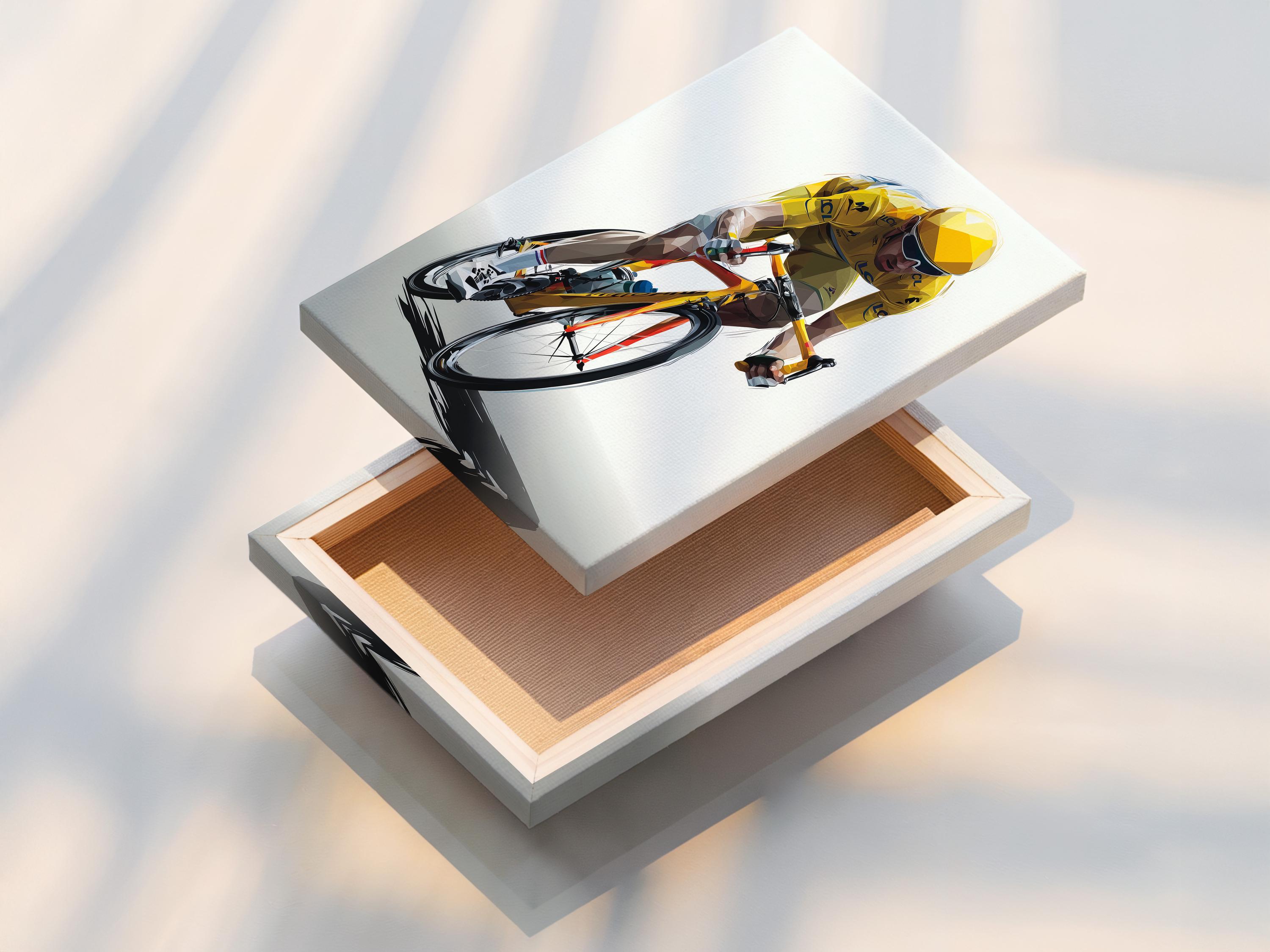 Wall mockup with a framed geometric cyclist artwork in yellow and black