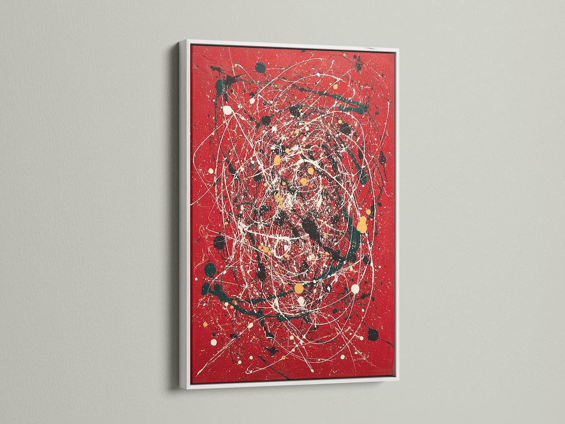 Red abstract artwork with white splatter lines, black and green shapes, and gold dots detail view