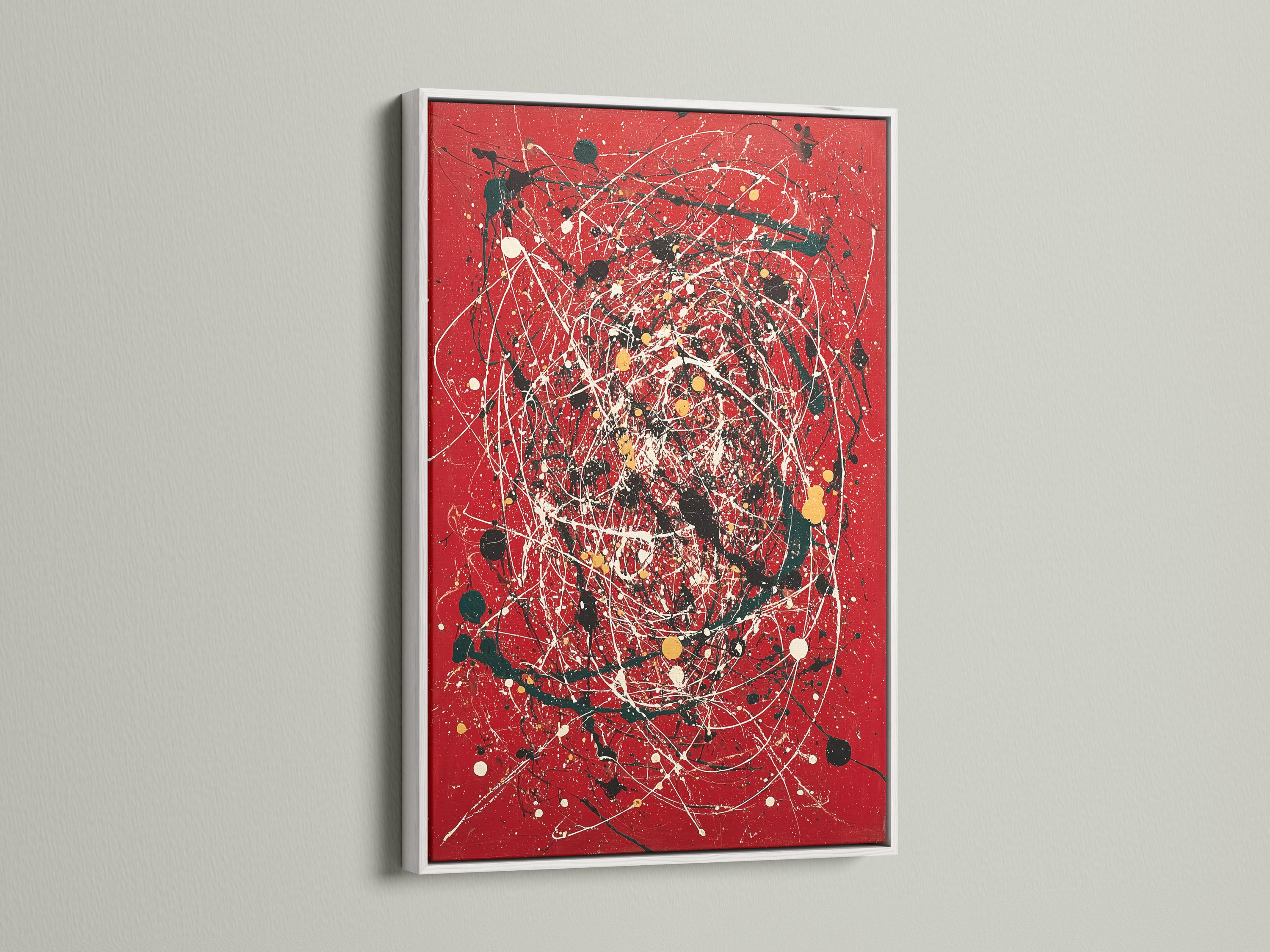 Red abstract artwork with white splatter lines, black and green shapes, and gold dots detail view