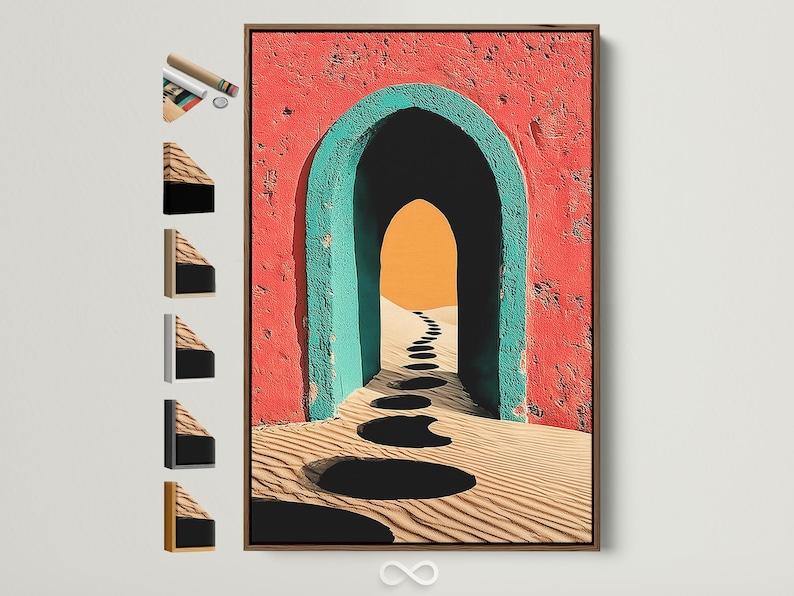 Illustrated coral-red and teal archway with sandy desert path and dark stone shapes