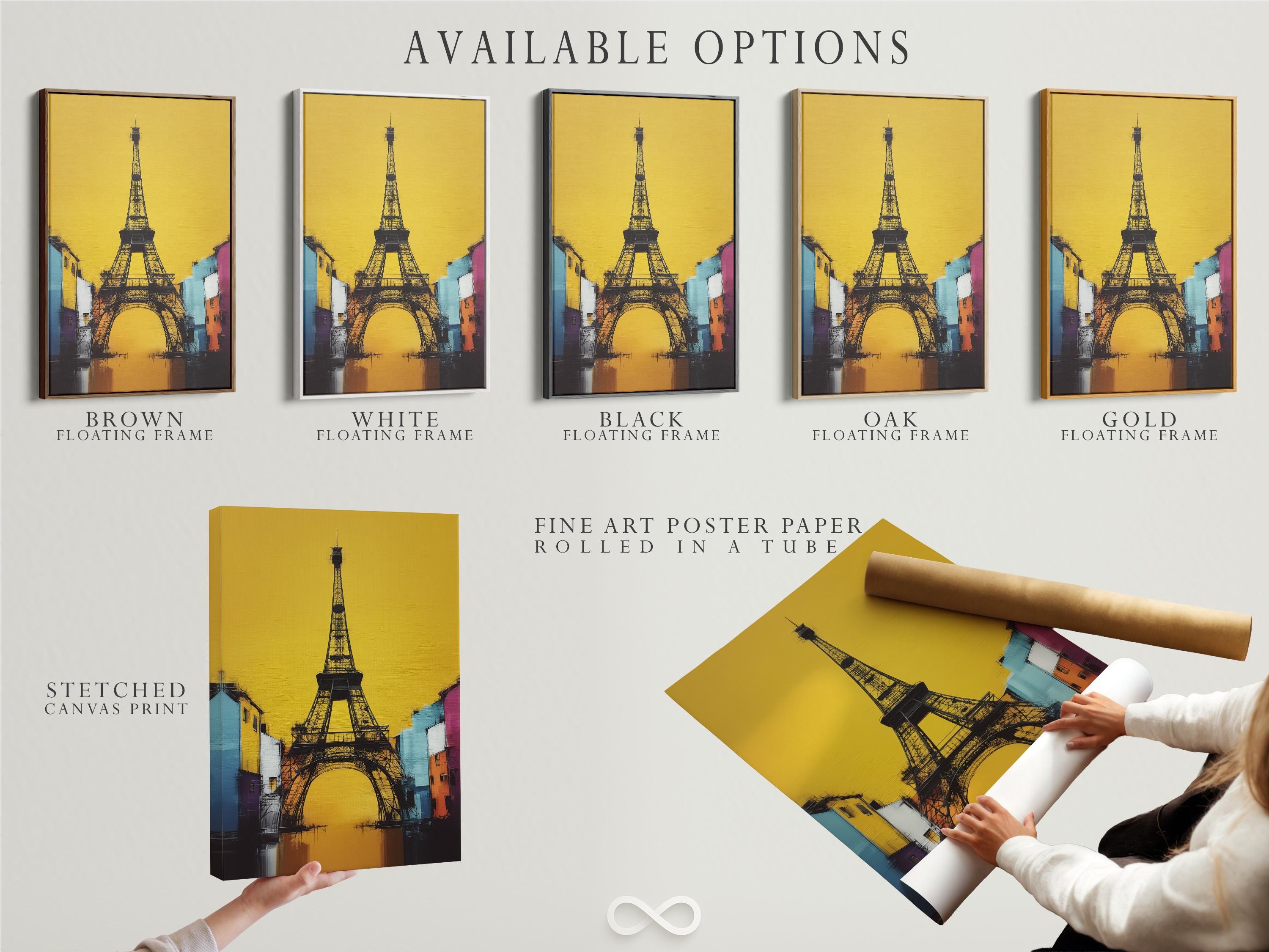 Stylised Eiffel Tower in black with a bright yellow background and colourful city buildings detail view