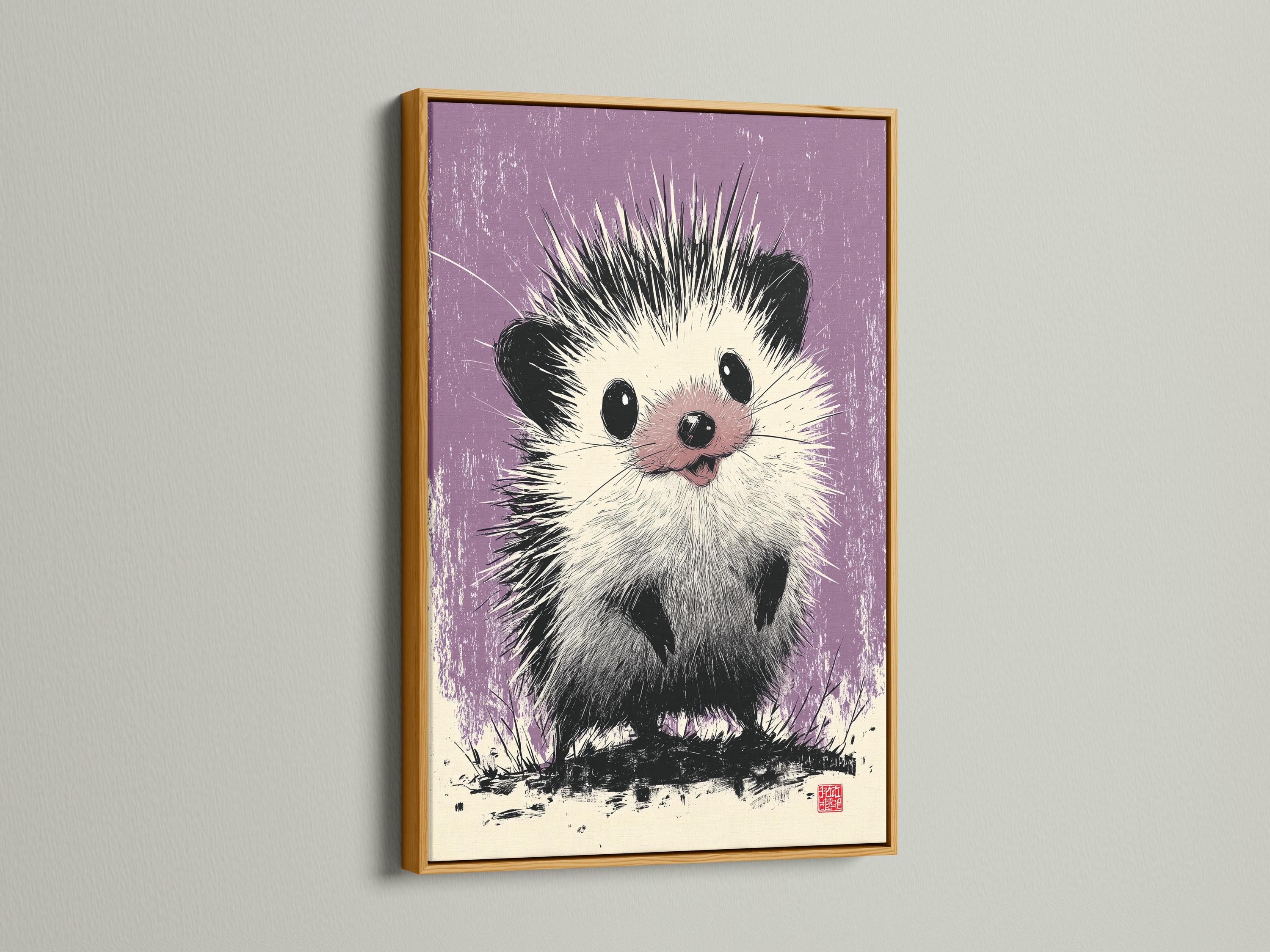 Hedgehog illustration in black and white on a textured lilac-purple background detail view