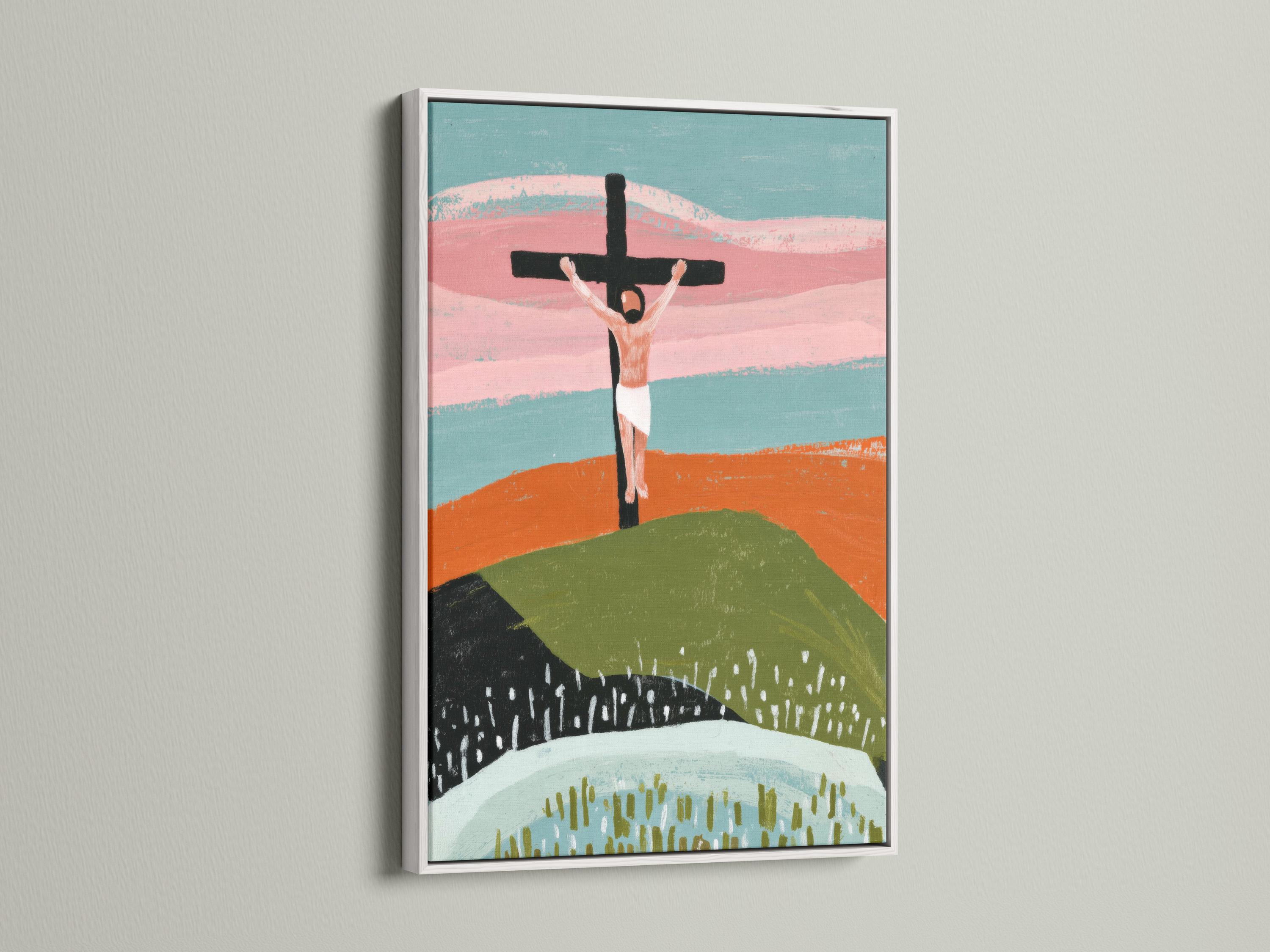 Stylised cross with outstretched figure above layered hills in dusty pink, teal and green detail view