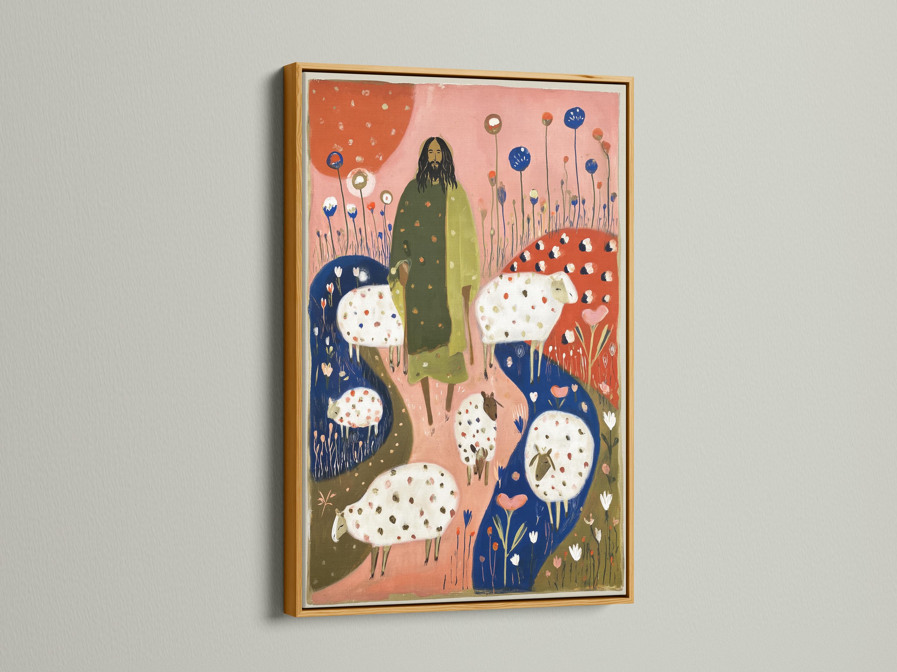 Folk-art illustration of a robed figure standing with spotted sheep in a field of blue flowers detail view