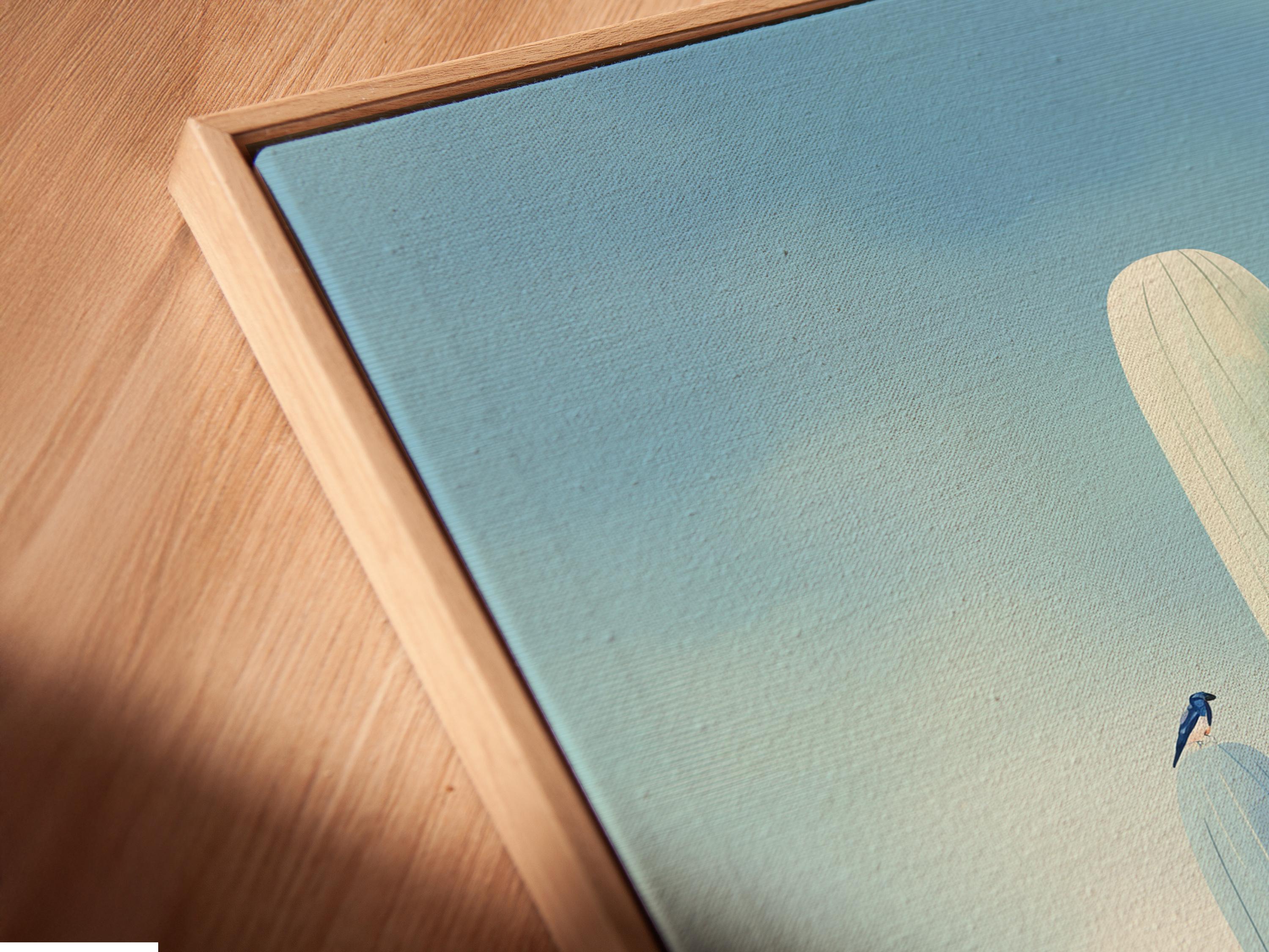 Framed cactus desert artwork with tall blue-green cacti and small orange blossoms against a pale blue sky detail view