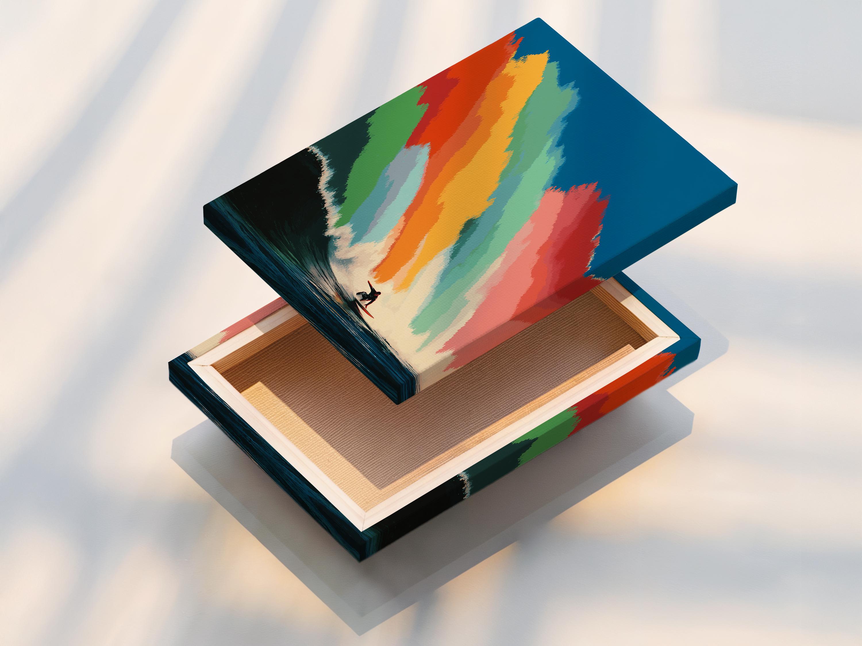 Rainbow-striped ocean wave with a surfer silhouette riding near the bottom right detail view