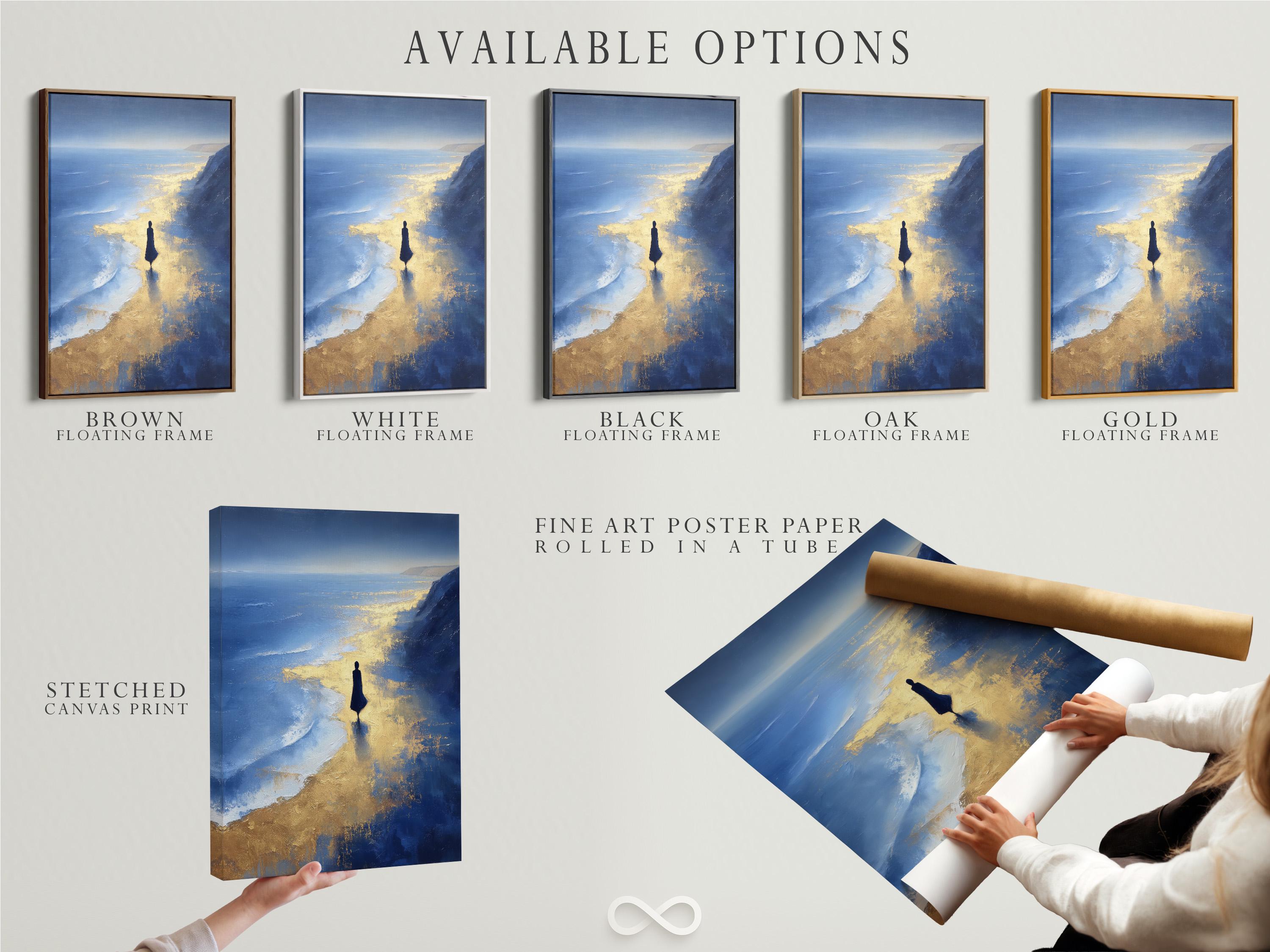 Painterly navy blue seascape with gold reflections and a dark human silhouette near the shoreline detail view