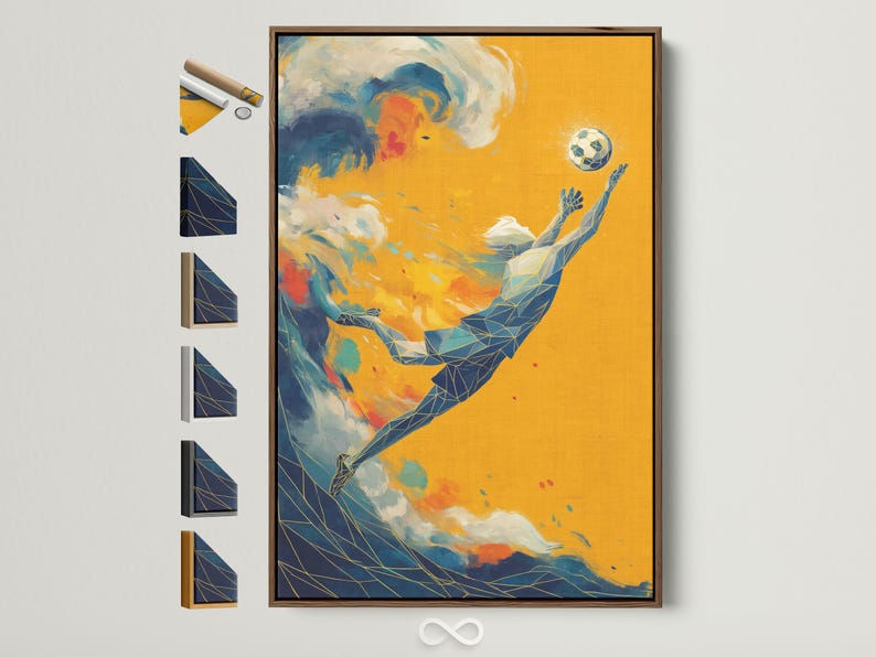 Geometric soccer player leaping diagonally with a patterned ball on a mustard-yellow background