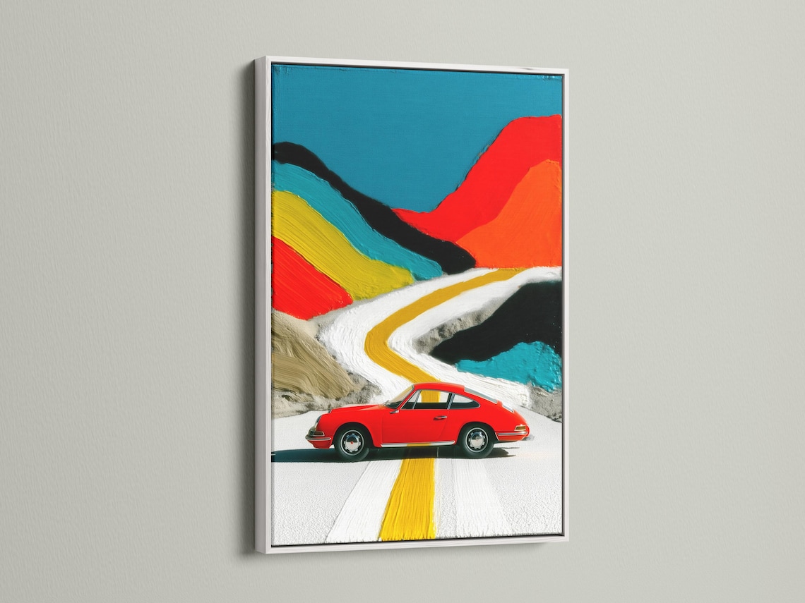 Red classic car on a winding white road with a yellow centre line and teal and red abstract backdrop detail view