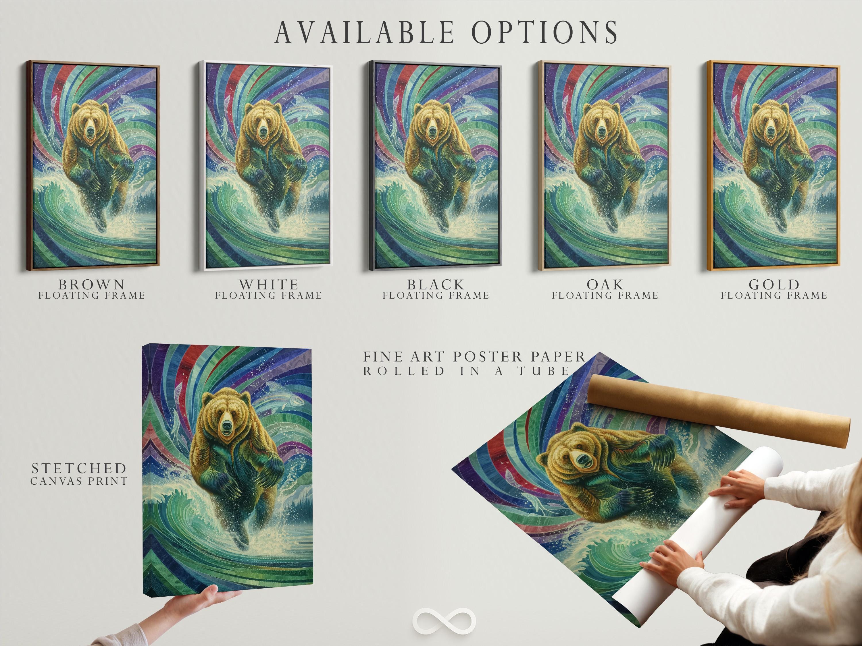 Framed artwork mockup showing a grizzly bear within colourful wave patterns and a fish