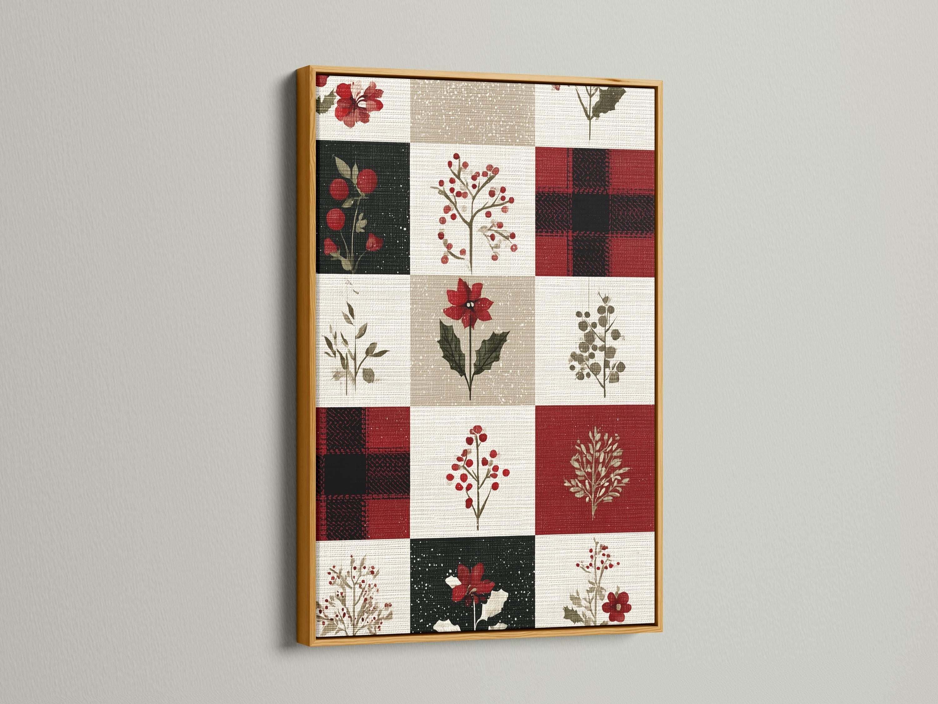 Patchwork floral artwork with red flowers and berries on cream, beige, and dark blocks detail view