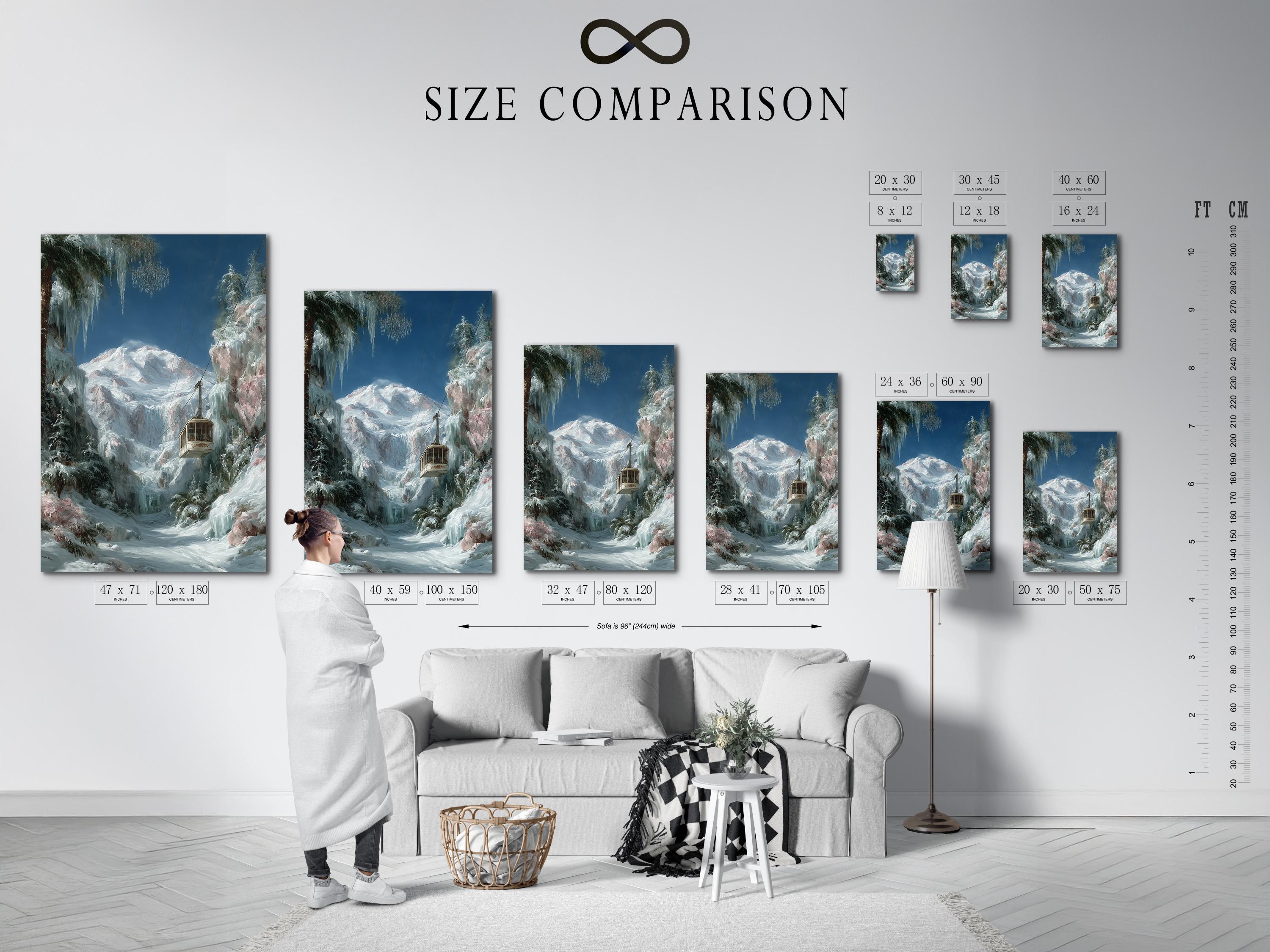 Wall mockup showing a framed snowy mountain cable car artwork on a light background