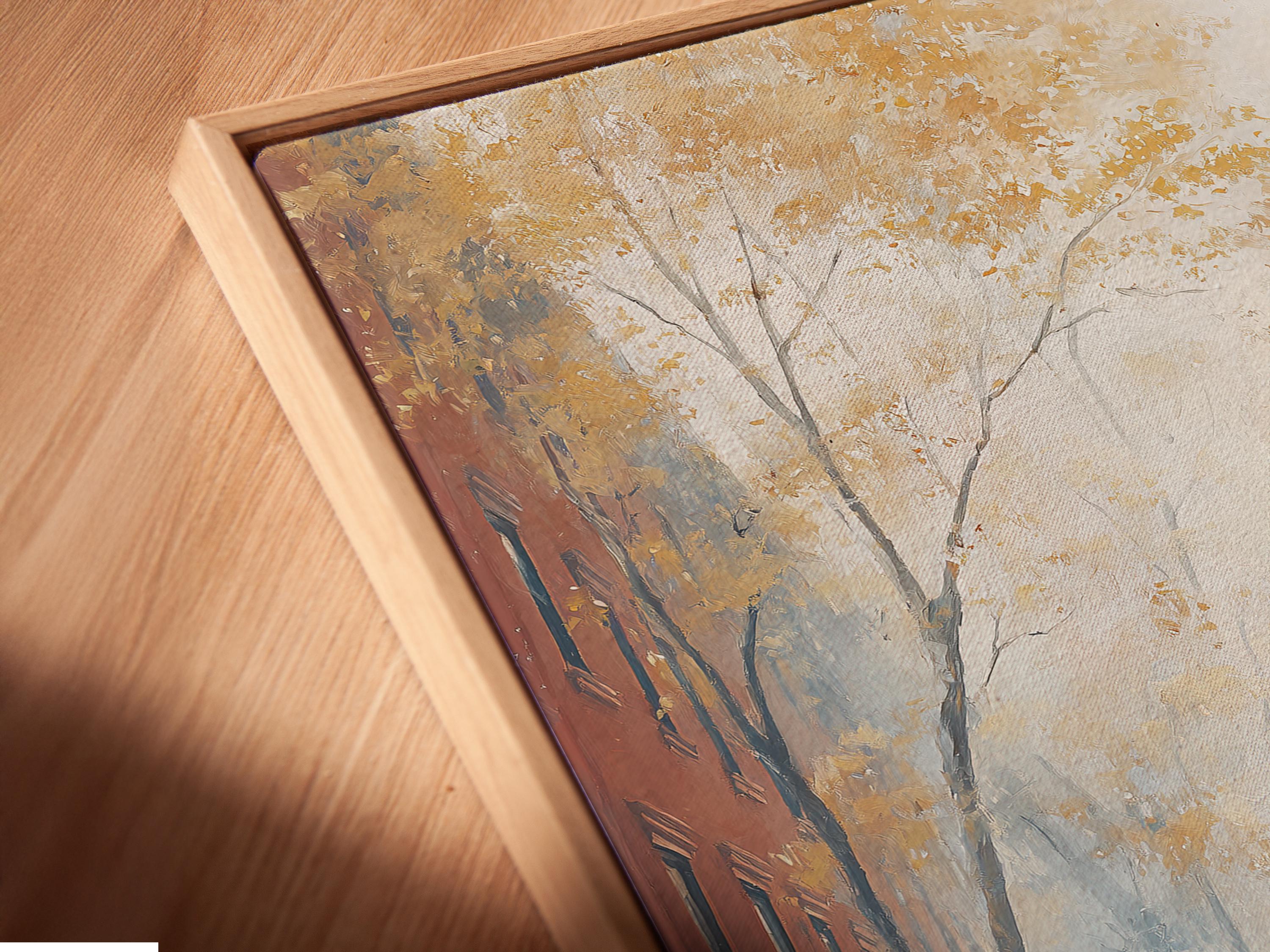 Room mockup showing a framed painterly city street scene with a woman walking a small dog