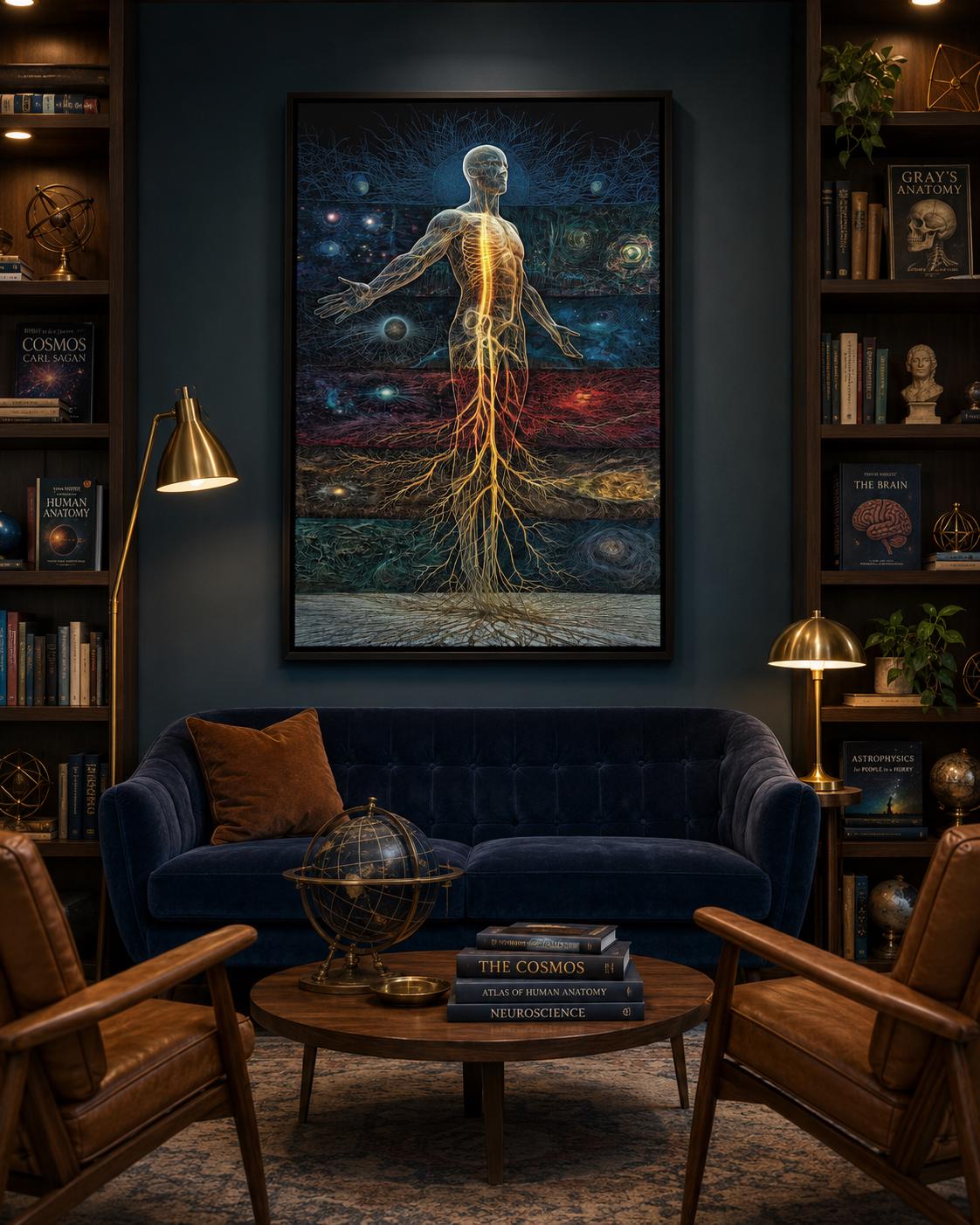 Woman standing beside a framed artwork showing a glowing energy human figure in blue, teal and red