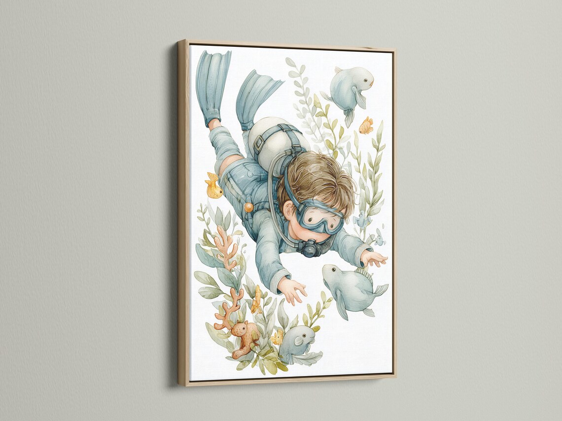 Mockup showing a framed underwater diver illustration with fish and coral