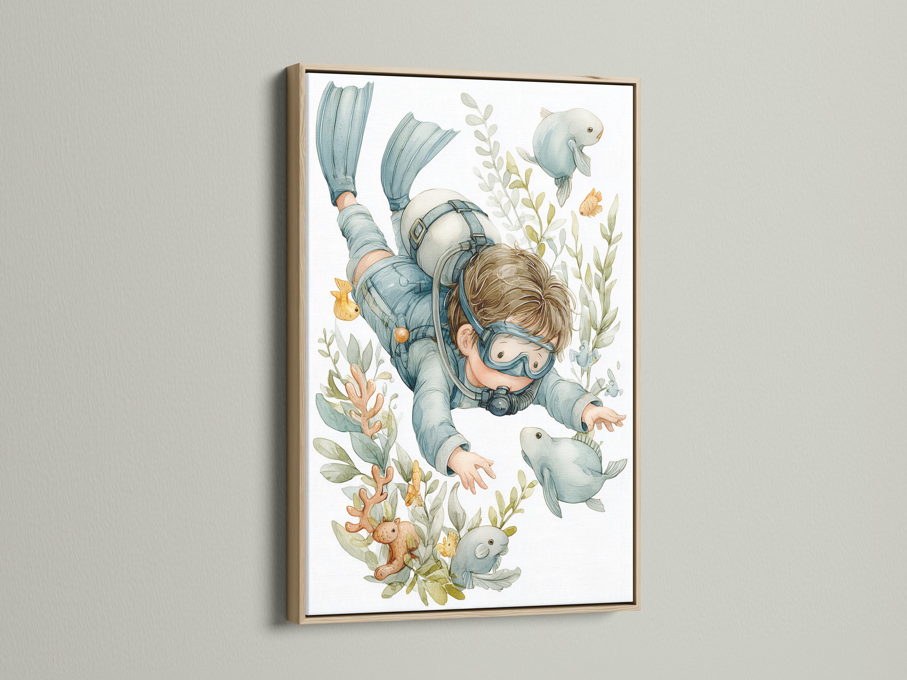 Mockup showing a framed underwater diver illustration with fish and coral