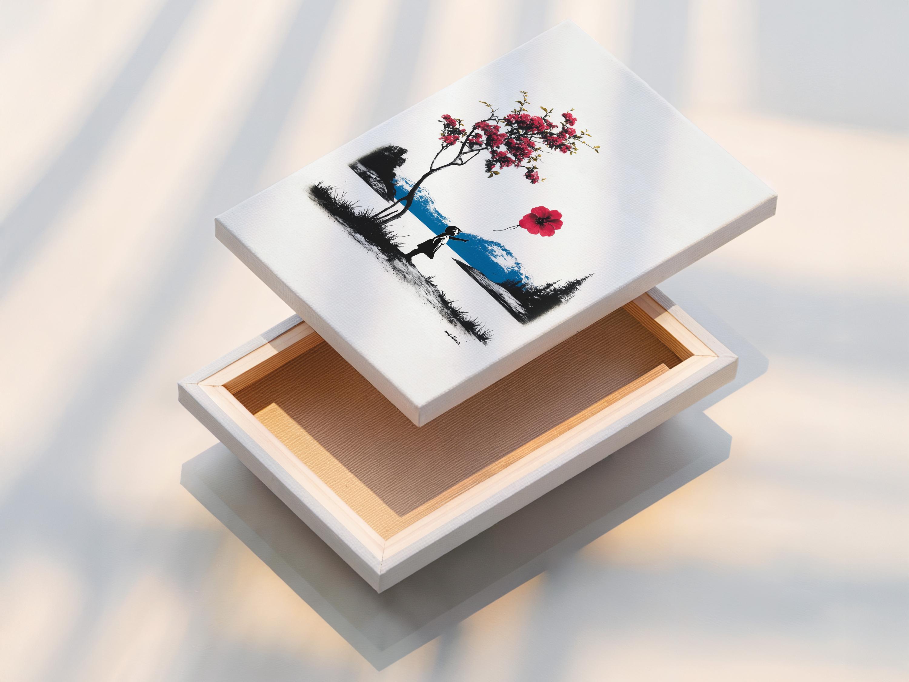 Room mockup showing a framed artwork of a silhouetted girl holding a red balloon in a black-and-white landscape