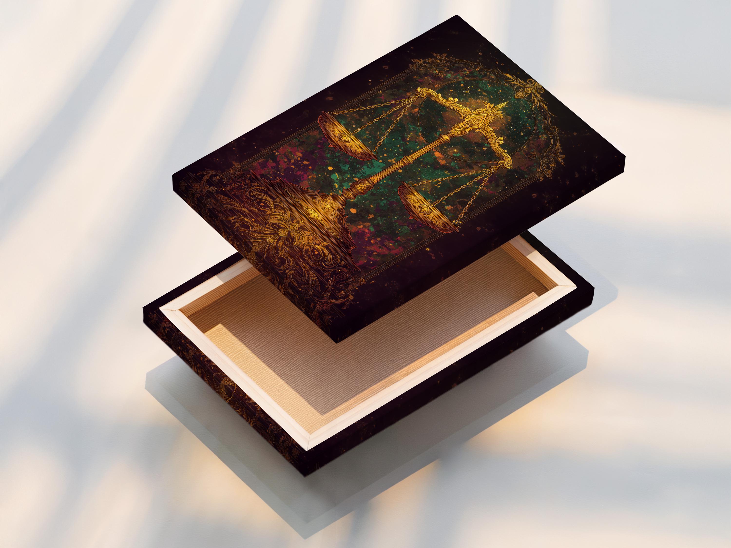 Mockup showing ornate golden balance scales artwork on a wall