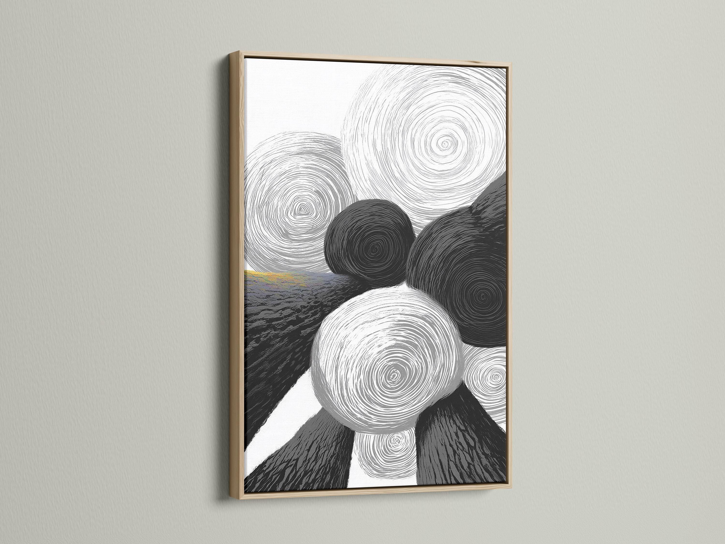 Monochrome abstract artwork with overlapping swirling rings in black, white and grey detail view