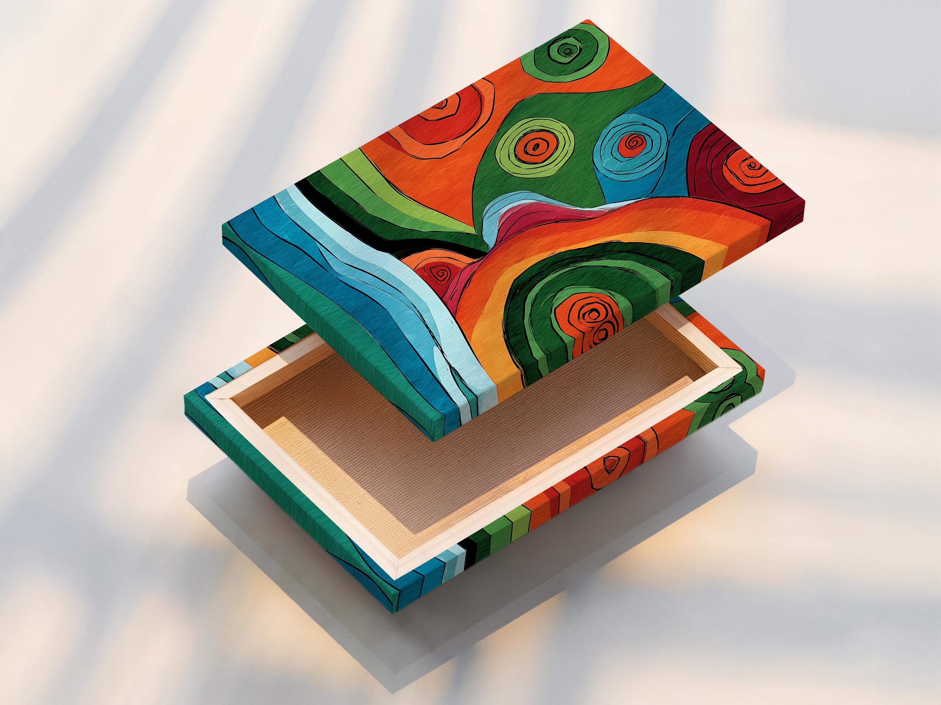 Colourful abstract artwork with overlapping circles and concentric spiral swirls in orange, green, blue and red detail view