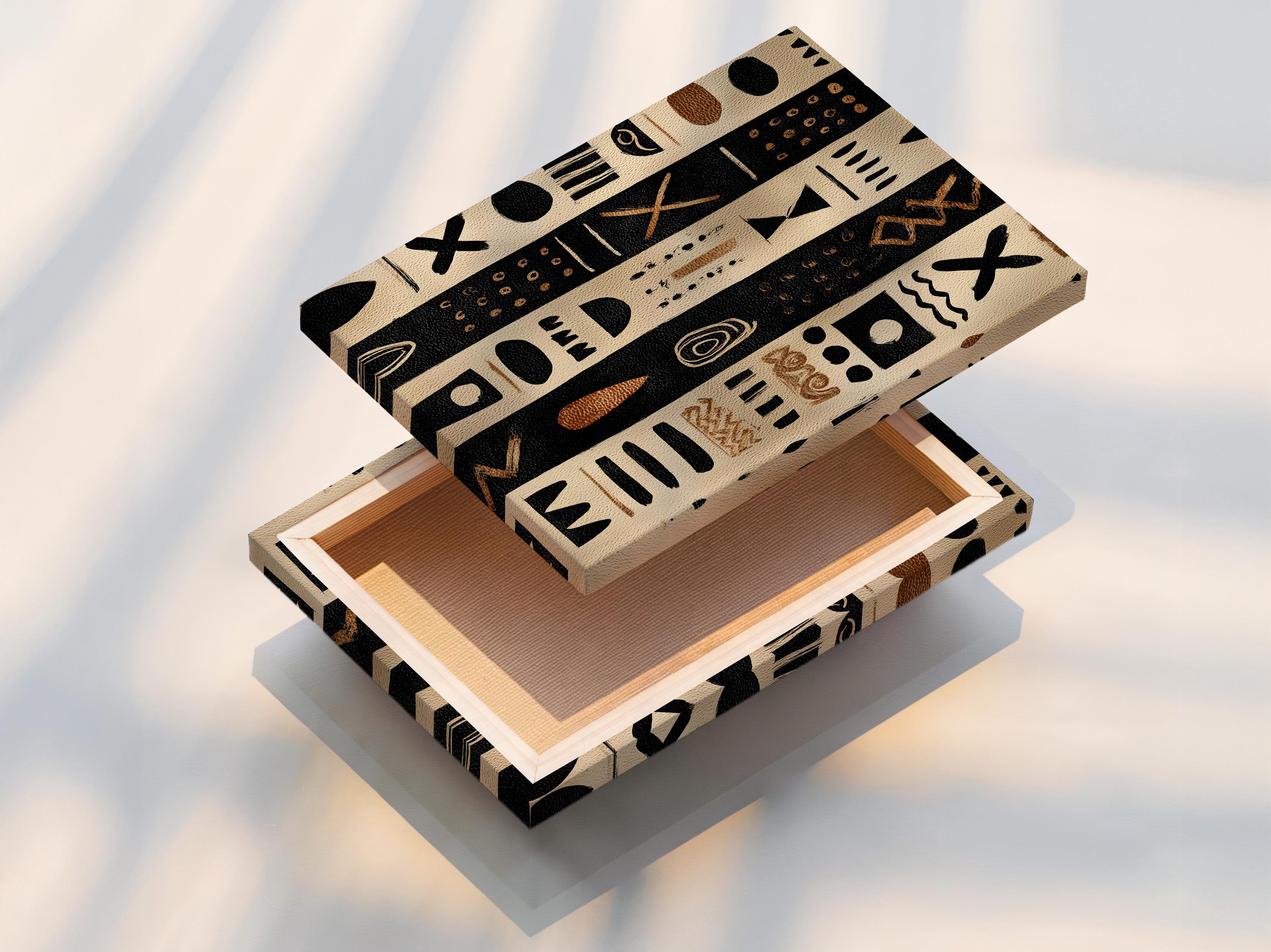 Beige and black geometric tribal-style artwork with vertical panels and dotted symbols detail view